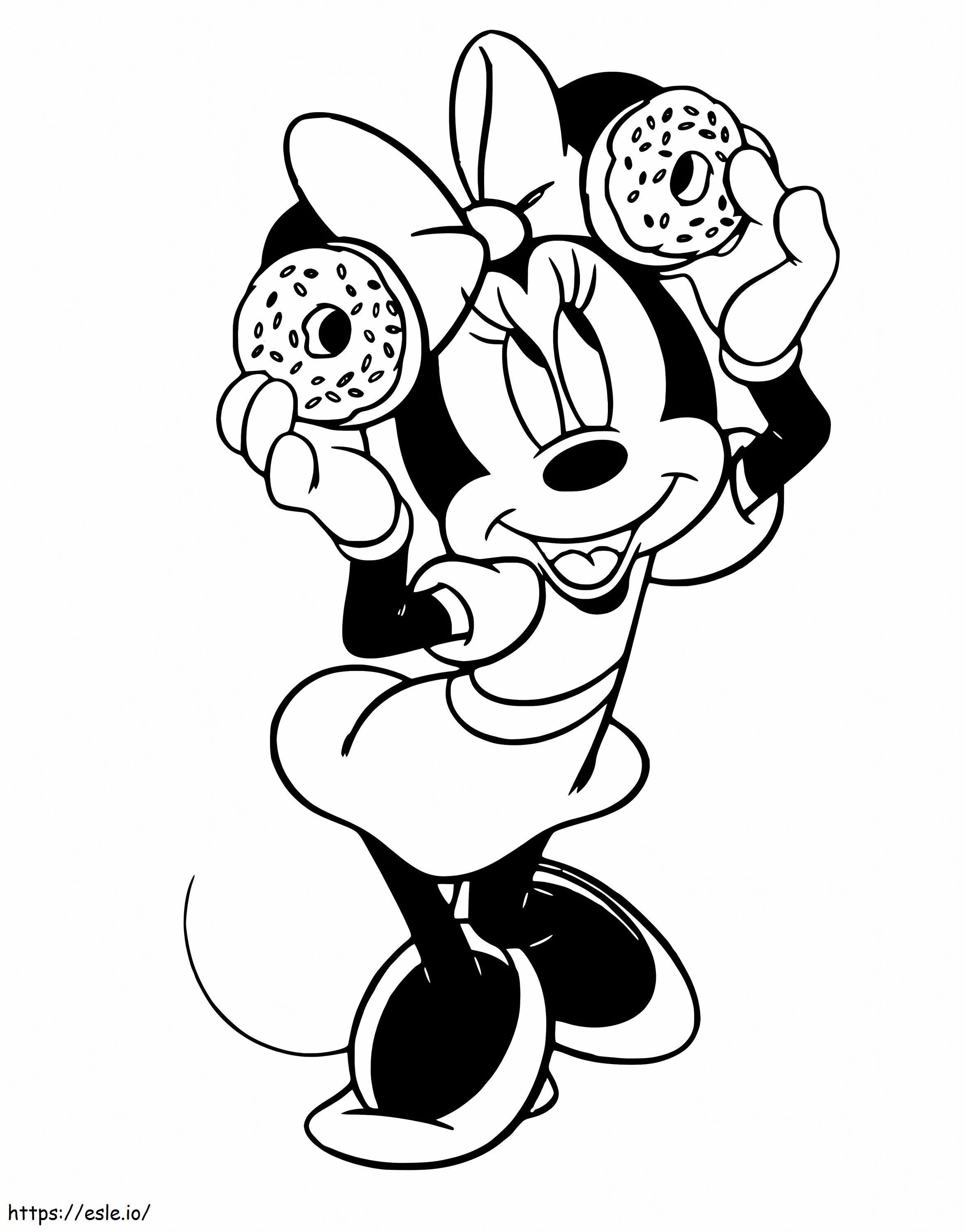Coloriage Minnie Mouse tenant deux beignets à imprimer dessin