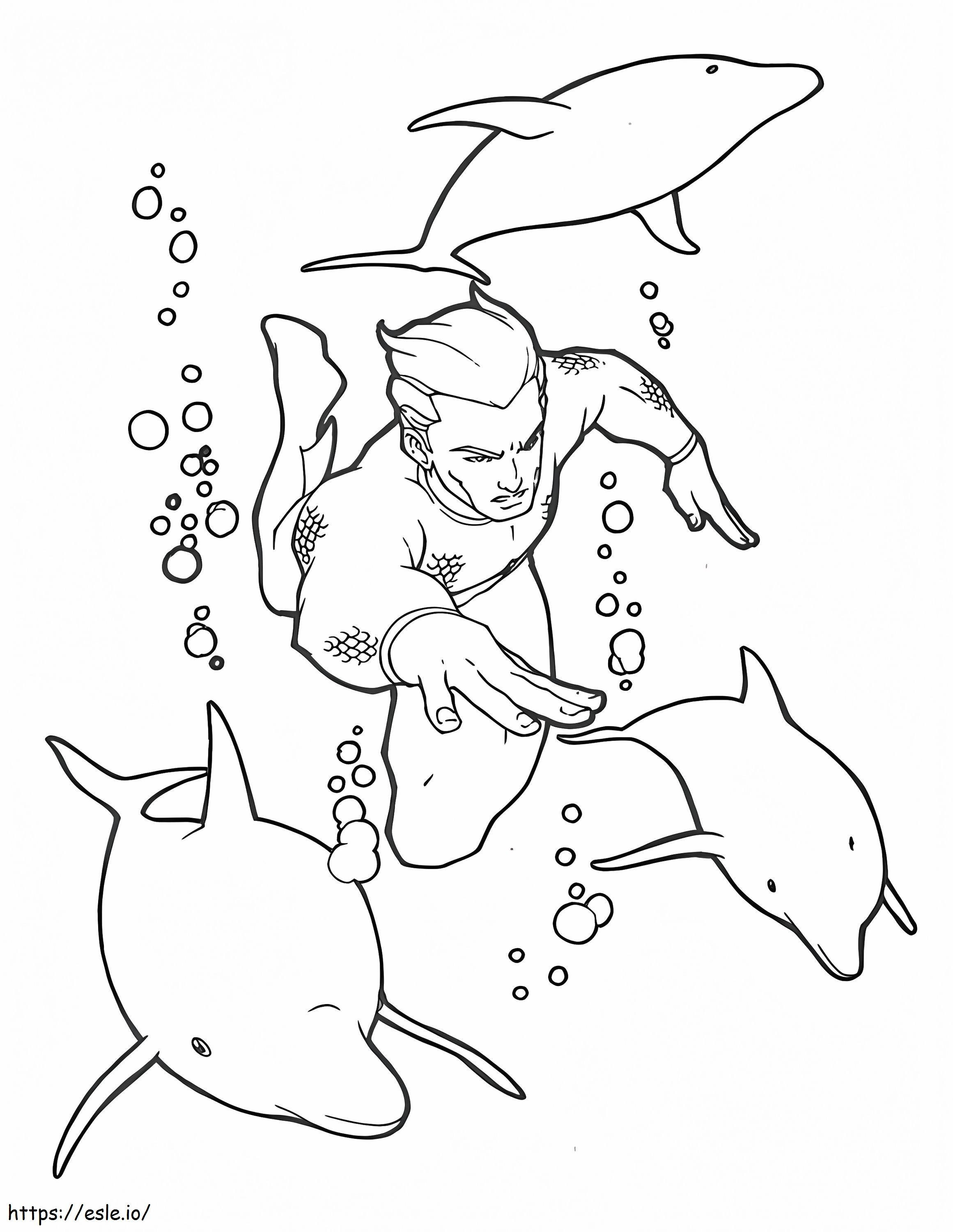 Coloriage Aquaman et les dauphins à imprimer dessin