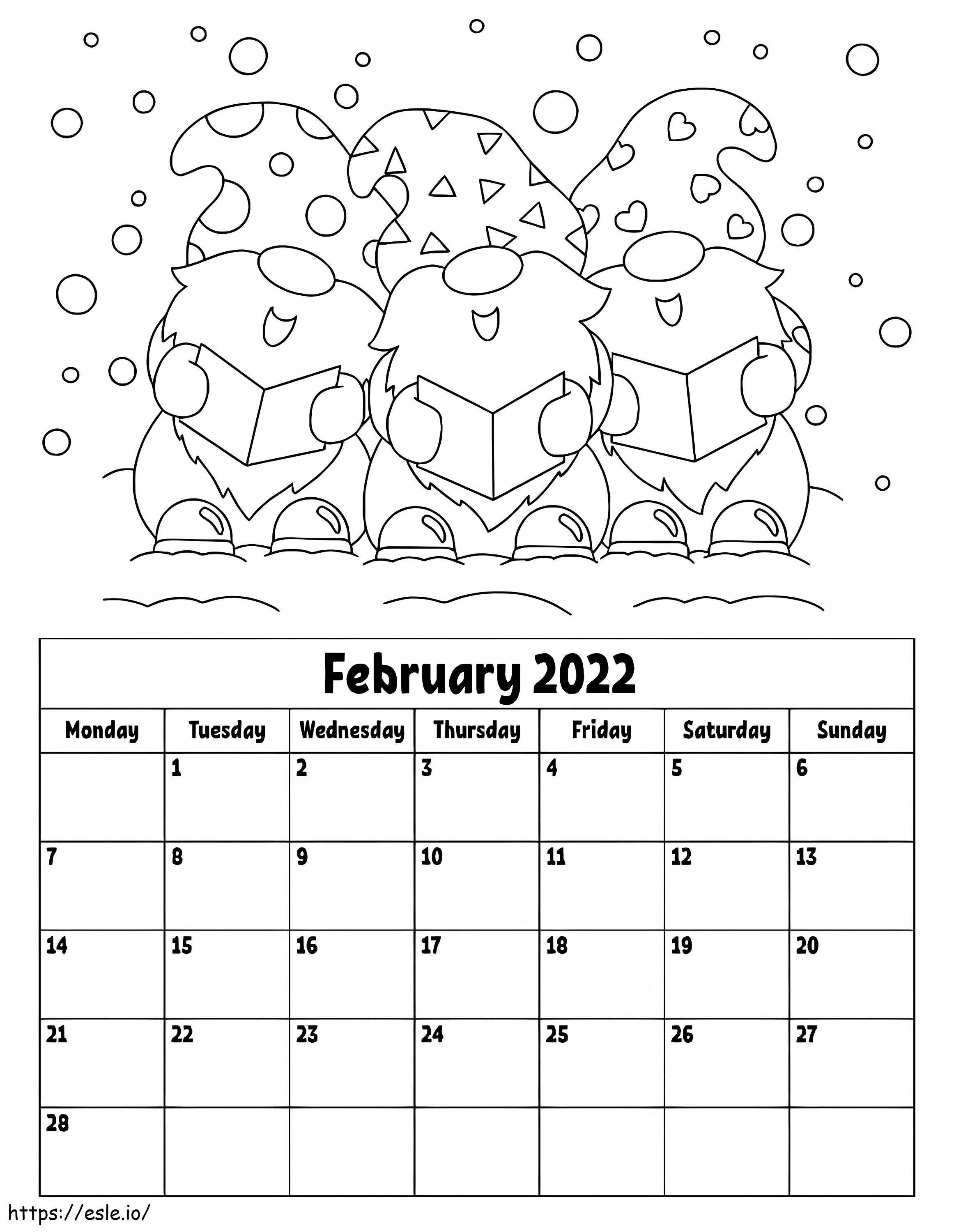 Calendário de fevereiro de 2022 para colorir
