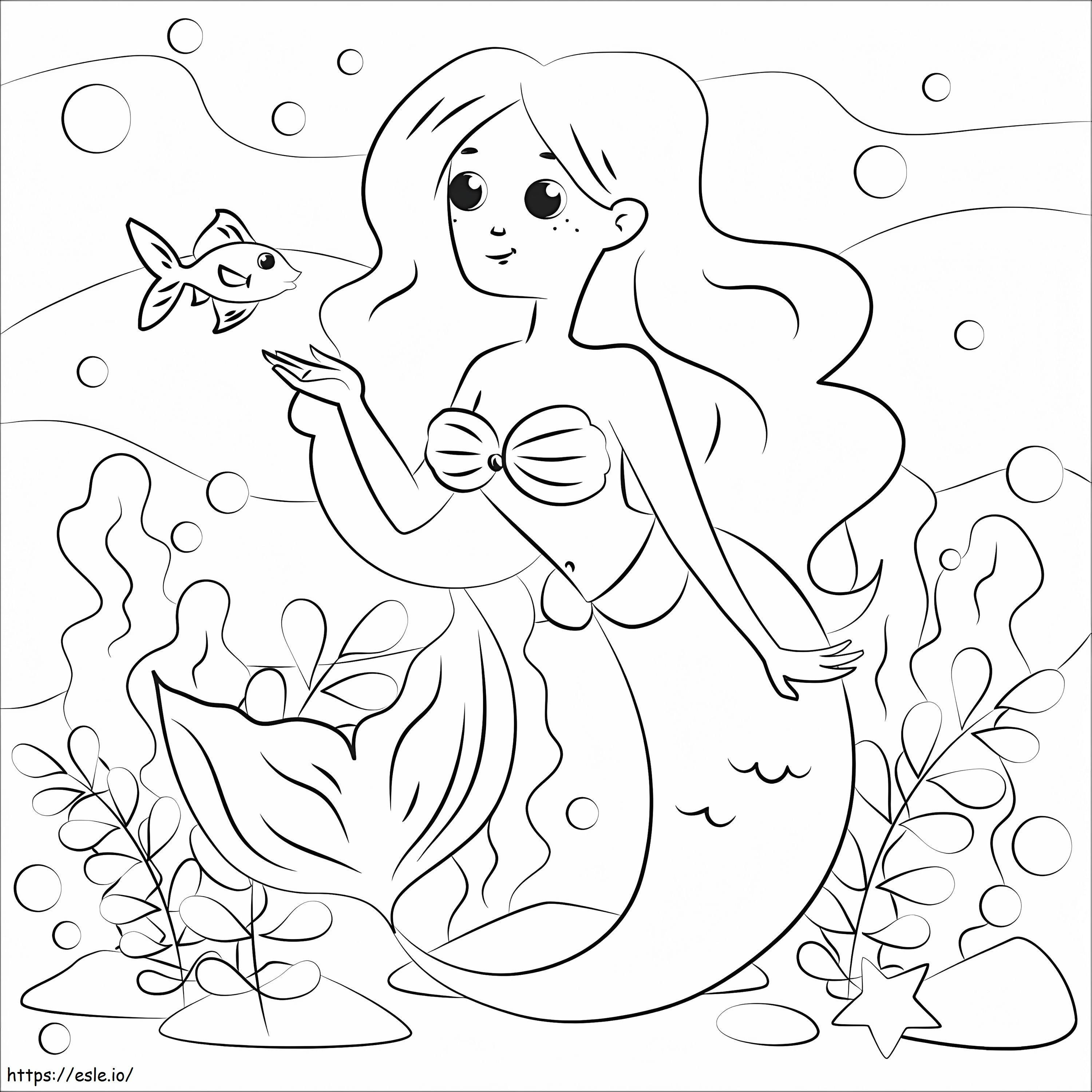 Coloriage Sirène avec poisson à imprimer dessin