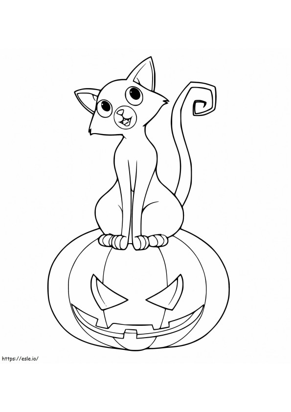 Coloriage Chat mignon sur Jack O Lantern à imprimer dessin