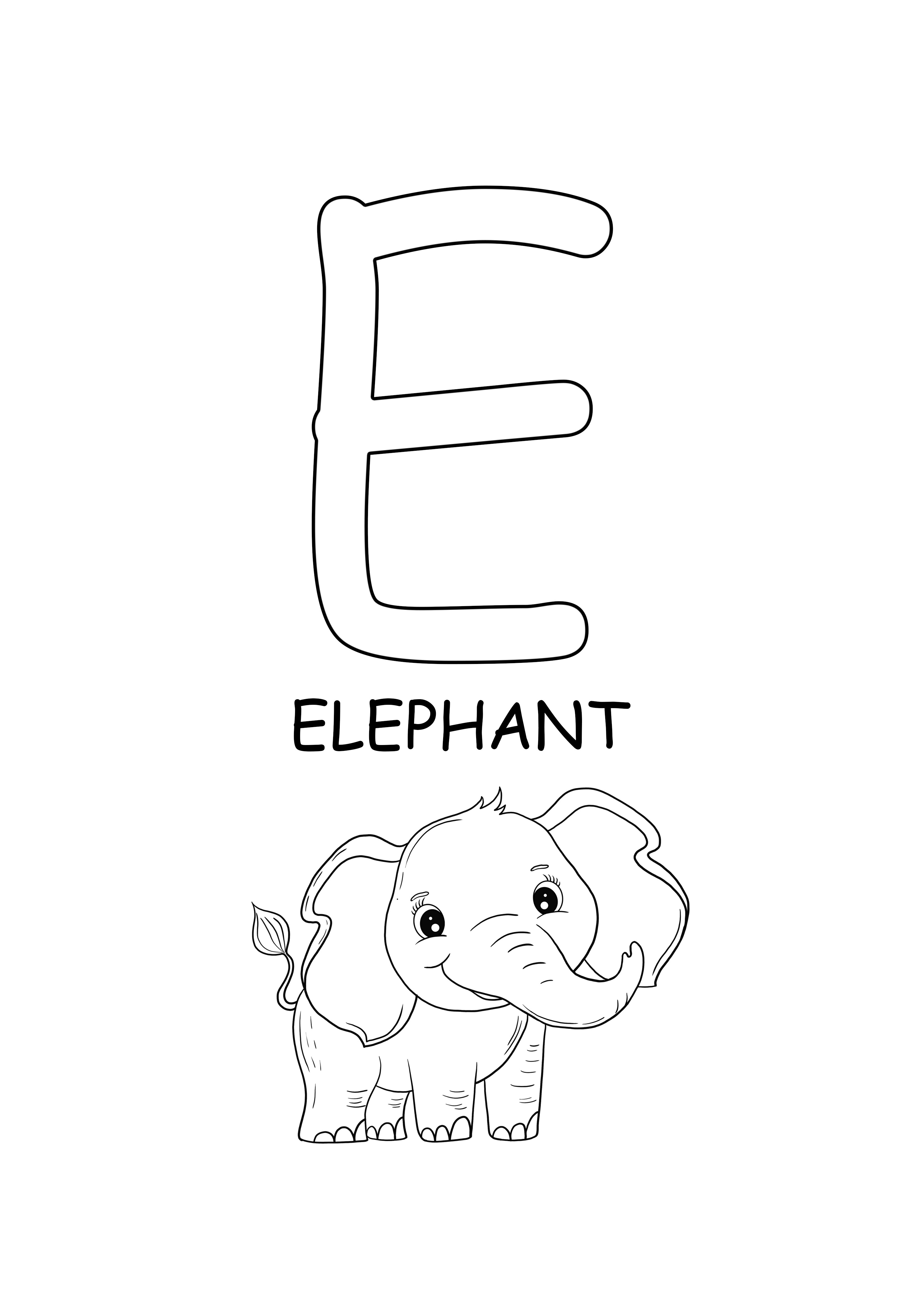 Elefante de palabras en mayúsculas para colorear e imprimir gratis.