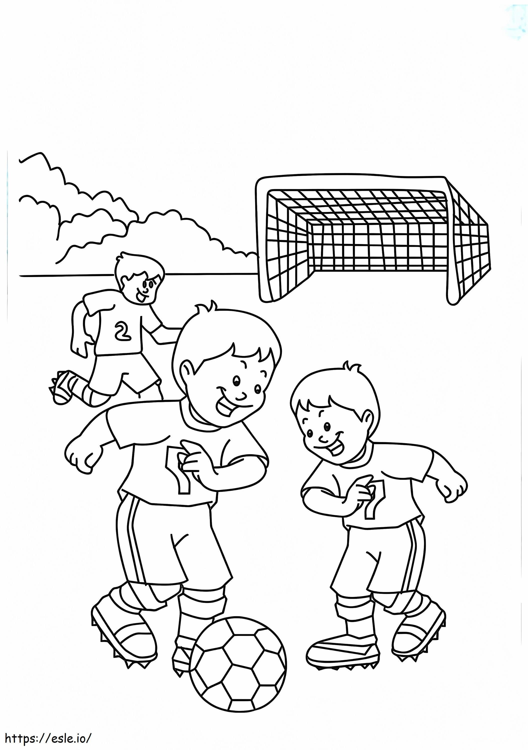 Troje Dzieci Bawiących Się W Piłkę Nożną kolorowanka