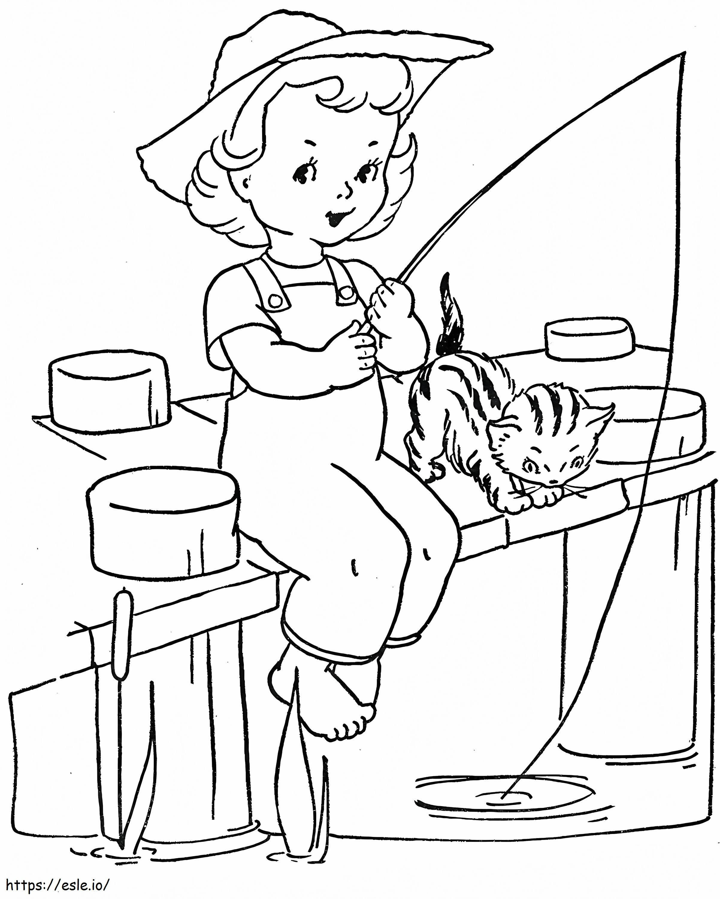 Little Girl Fishing With Cat coloring page