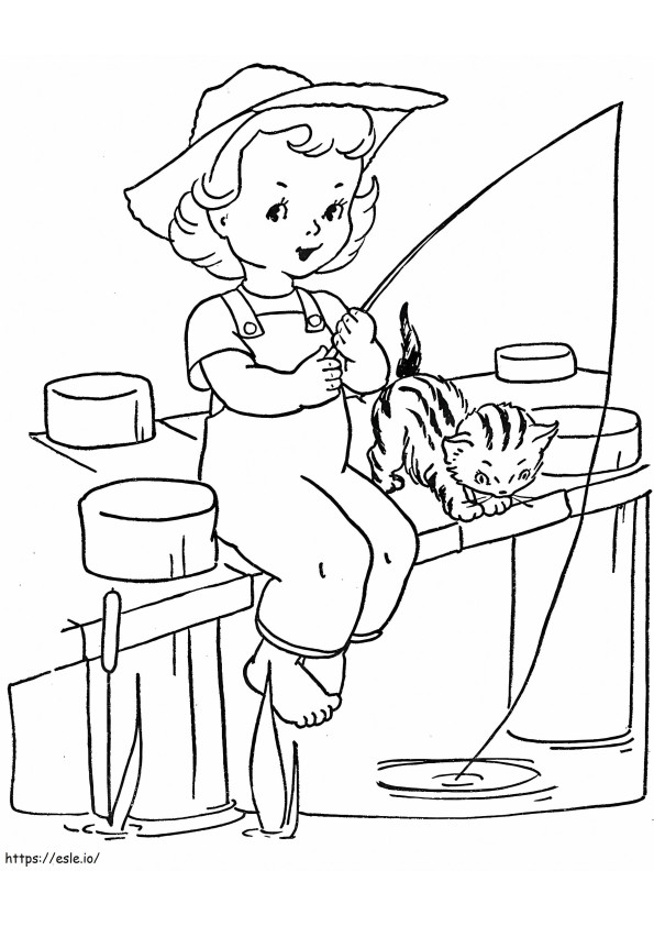 Menina pescando com gato para colorir