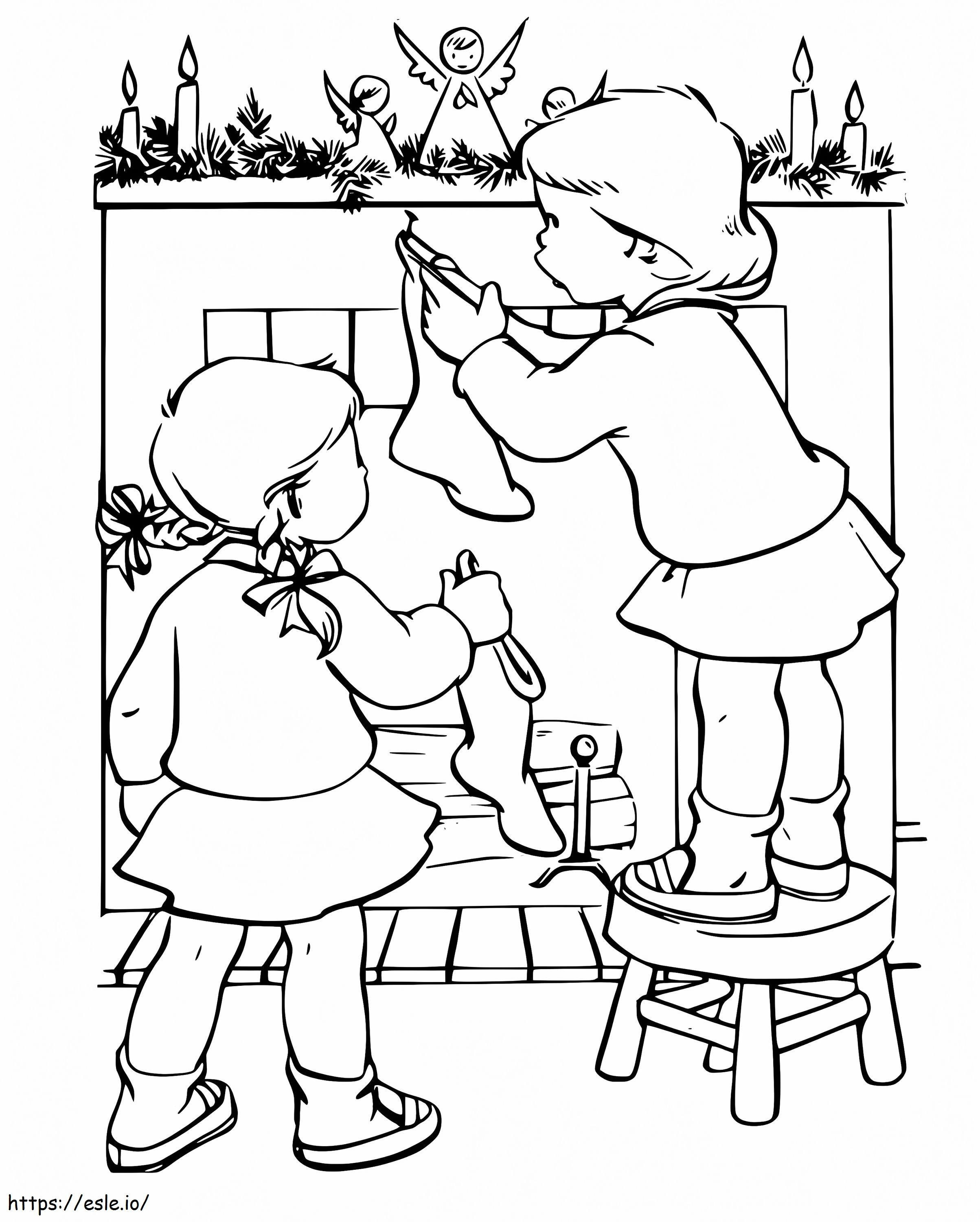 Coloriage Petites filles et cheminée à imprimer dessin