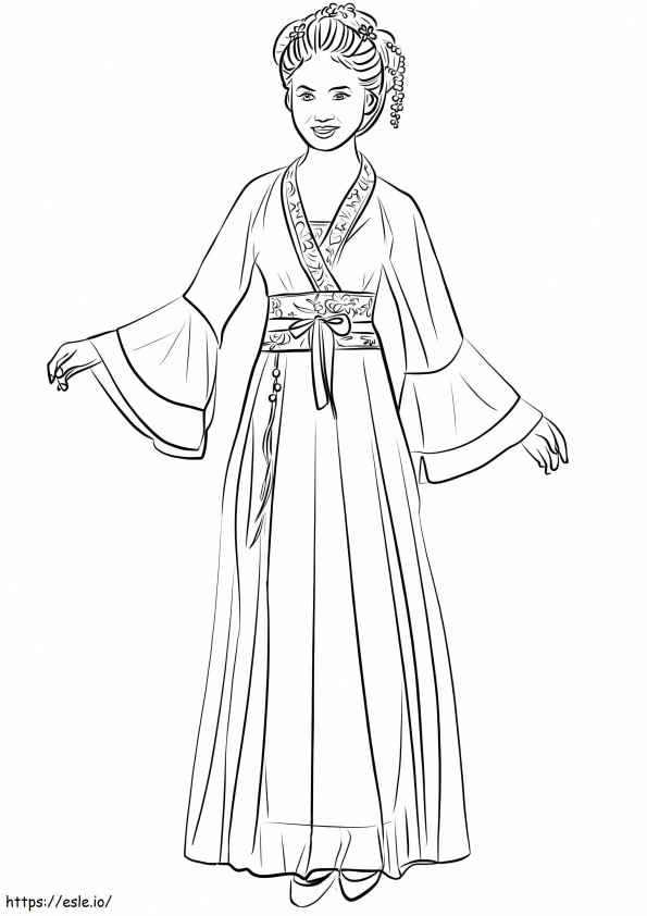 伝統的な漢服を着た中国人女性 ぬりえ - 塗り絵