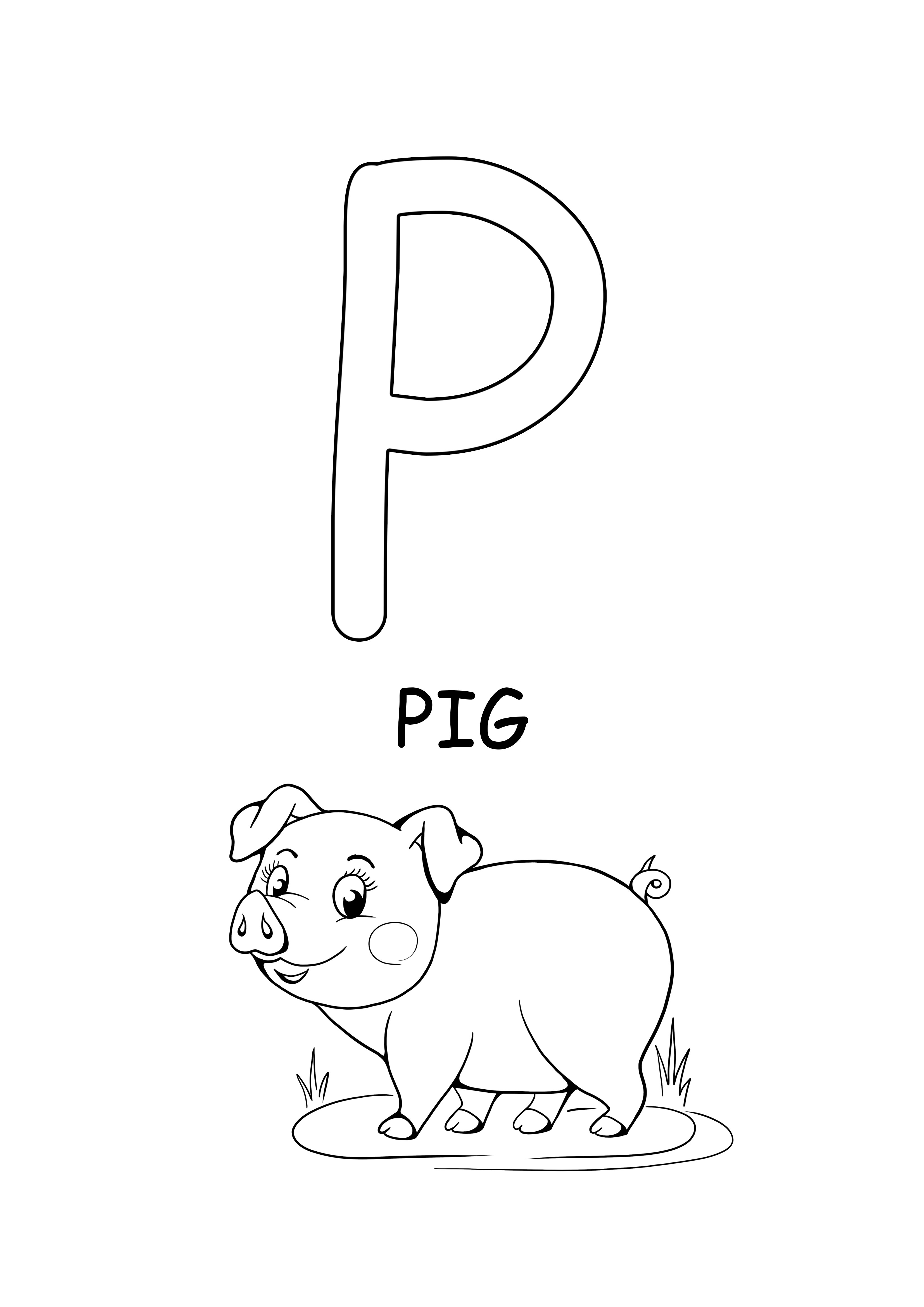 大文字の単語-無料で印刷する豚とカラー