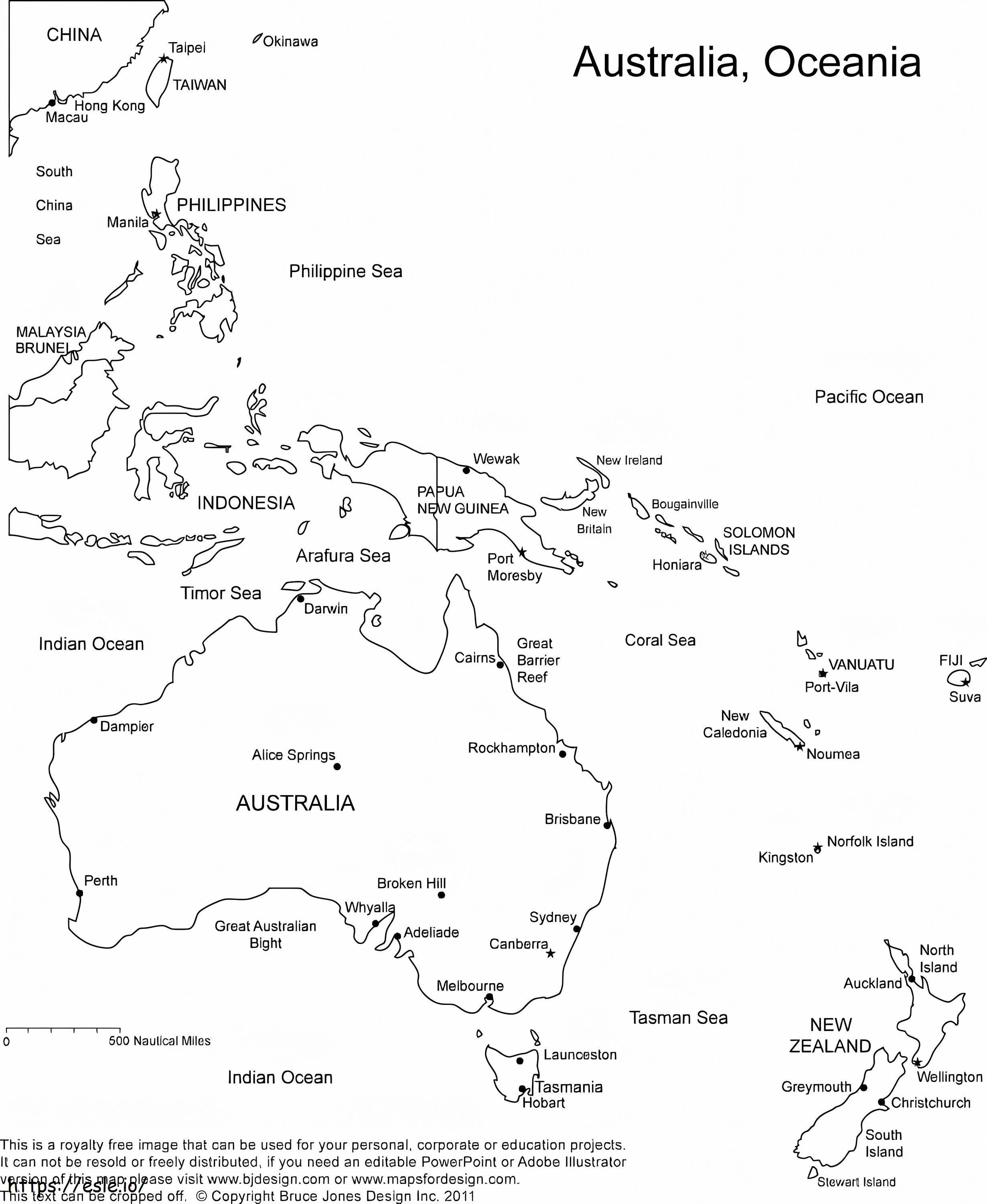 Pagina da colorare della mappa dell'Australia e dell'Oceania da colorare