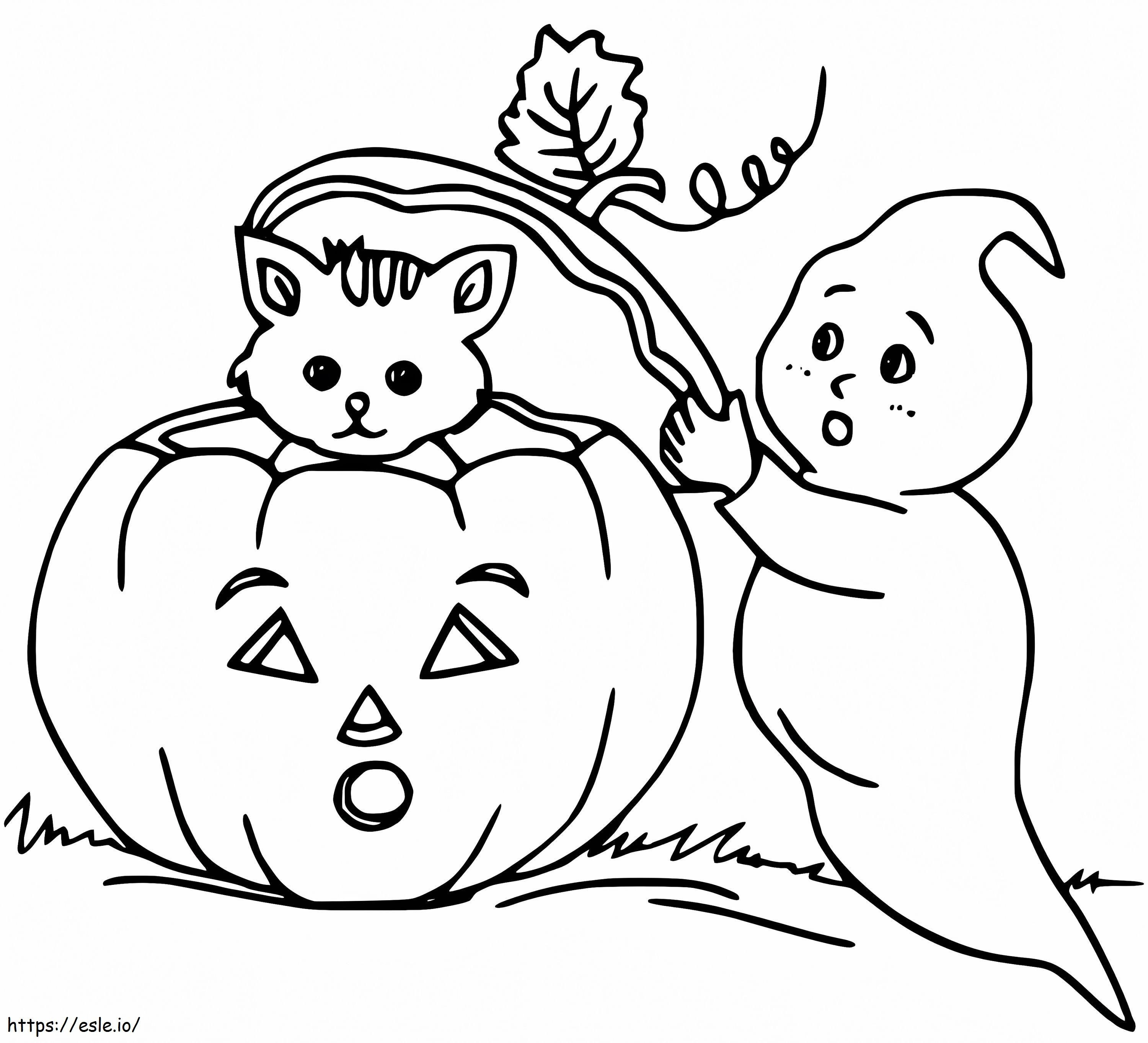 gato e fantasma do halloween para colorir
