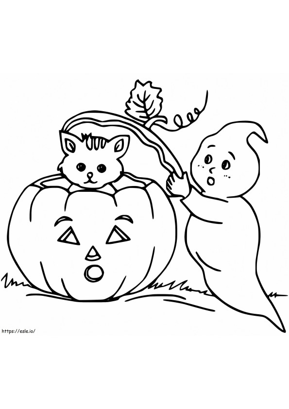 Halloween kissa ja aave värityskuva