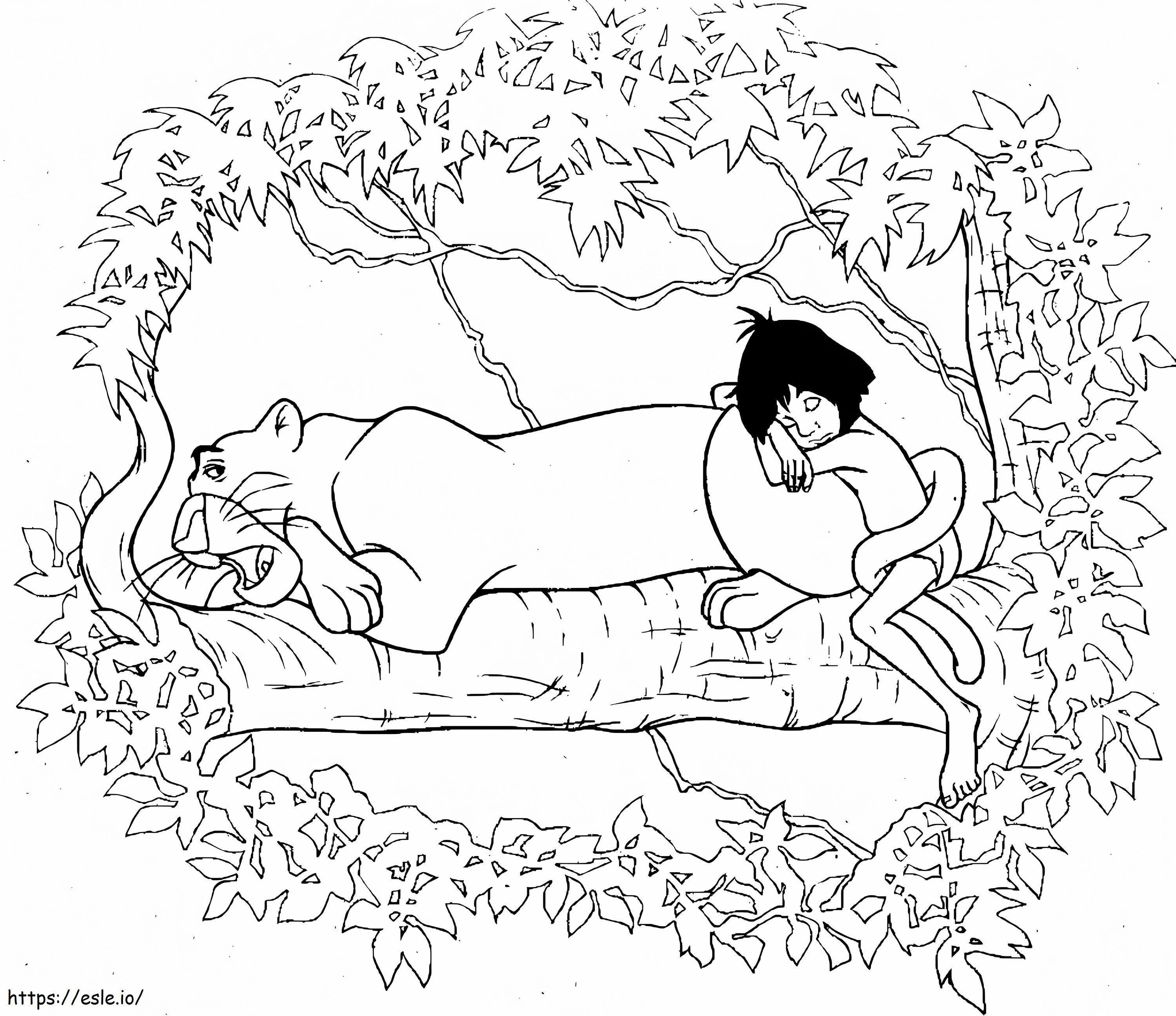 Bagheera ja Mowgli nukkuvat värityskuva