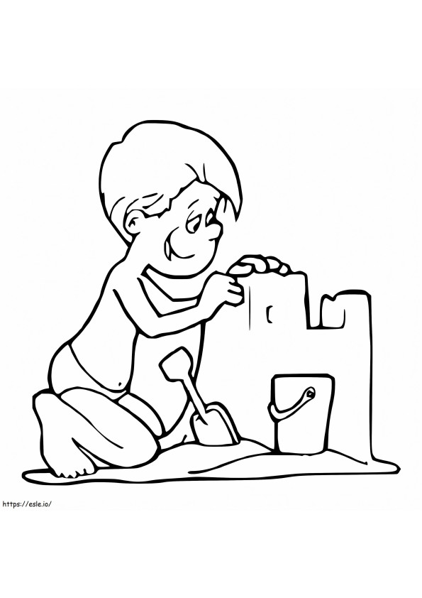 Een jongen bouwt een zandkasteel kleurplaat