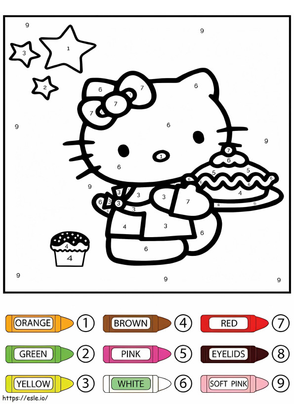 Coloriage Hello Kitty et Cupcake à colorier par numéro à imprimer dessin