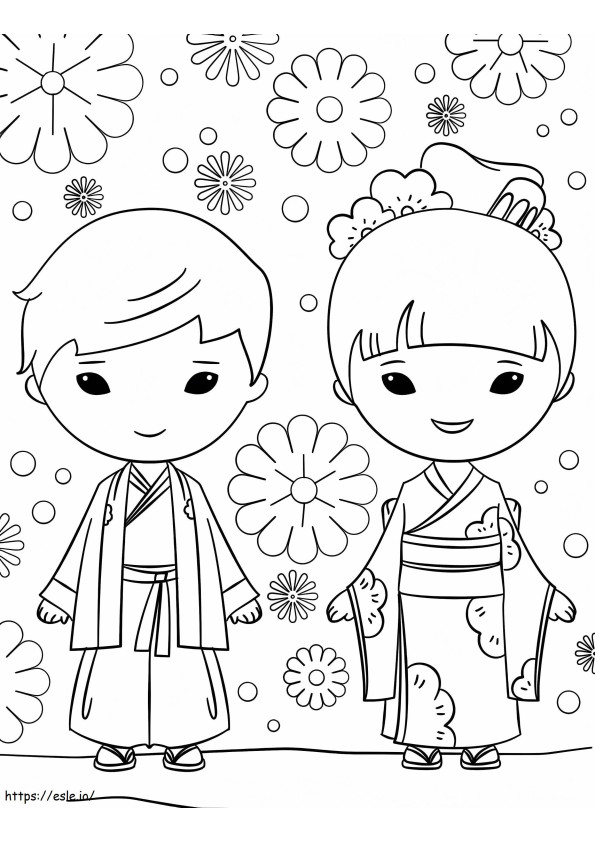 Japoński Chłopiec I Dziewczyna kolorowanka
