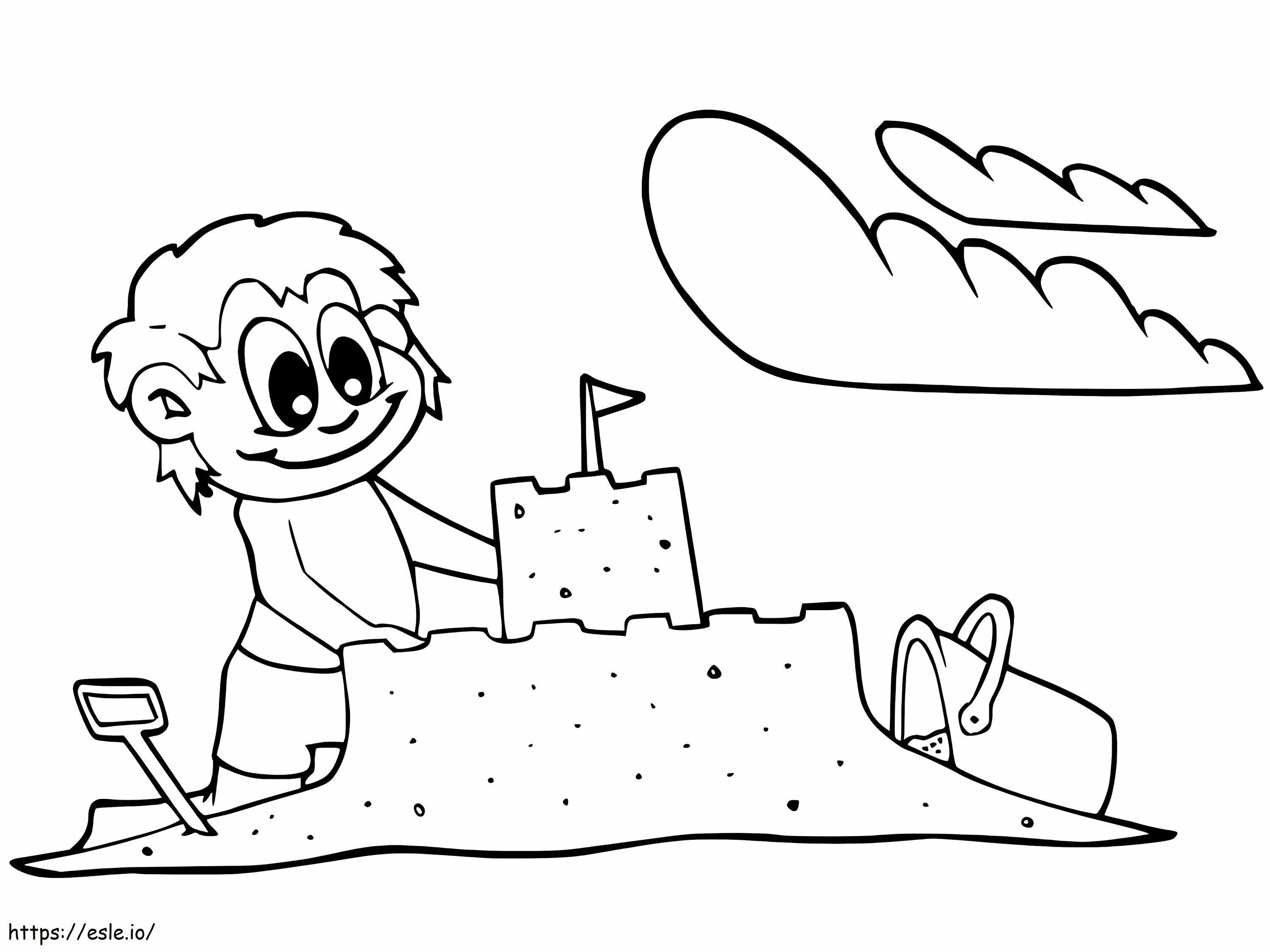 Un niño construyendo un castillo de arena para colorear