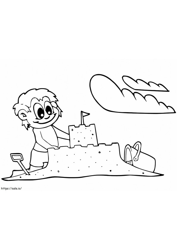 Un băiat care construiește un castel de nisip de colorat
