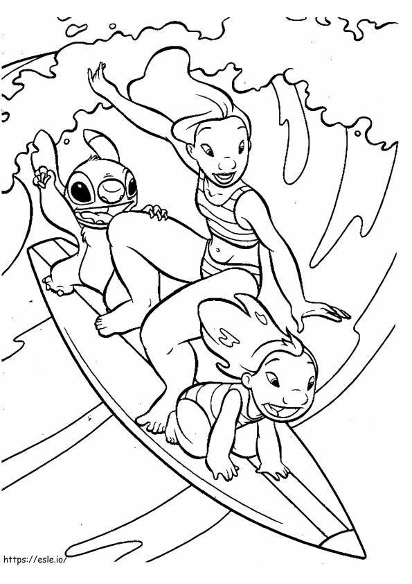 Lilo y Stitch surfeando para colorear