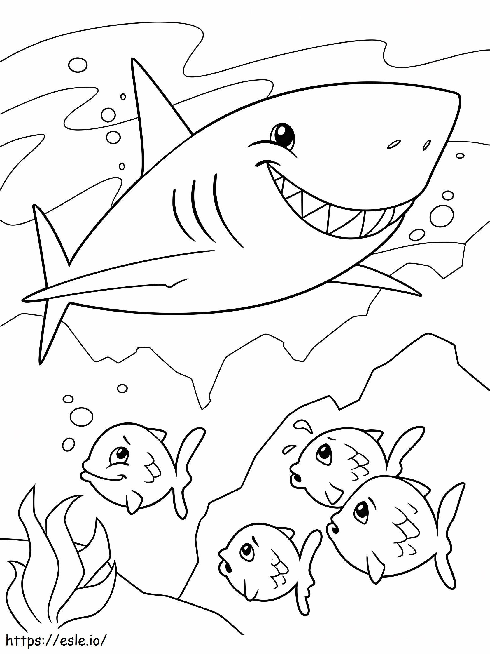 tubarão com quatro peixes para colorir