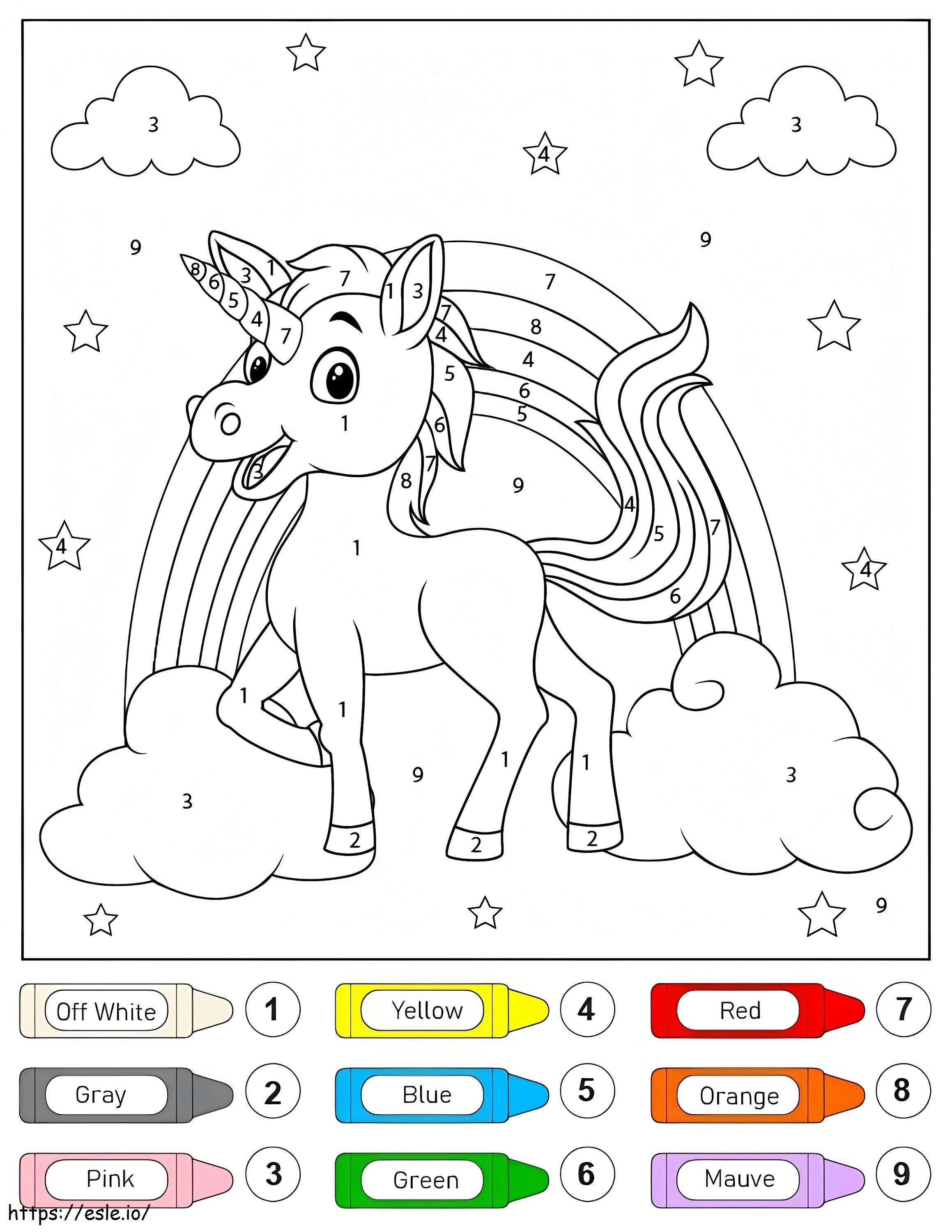 Unicorn încântat și curcubeu culoare după număr de colorat