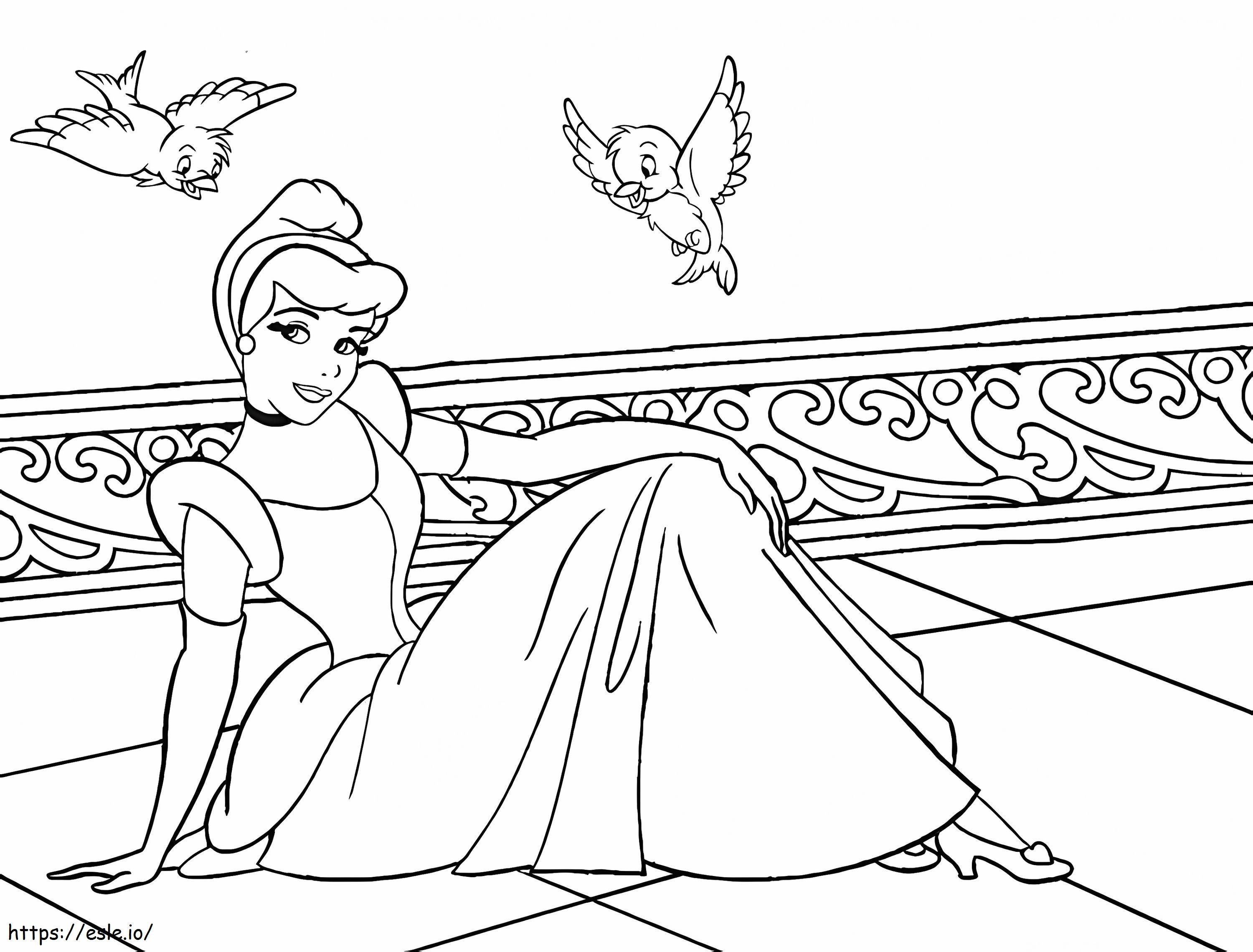 Istuva Cinderella ja kaksi lintua värityskuva