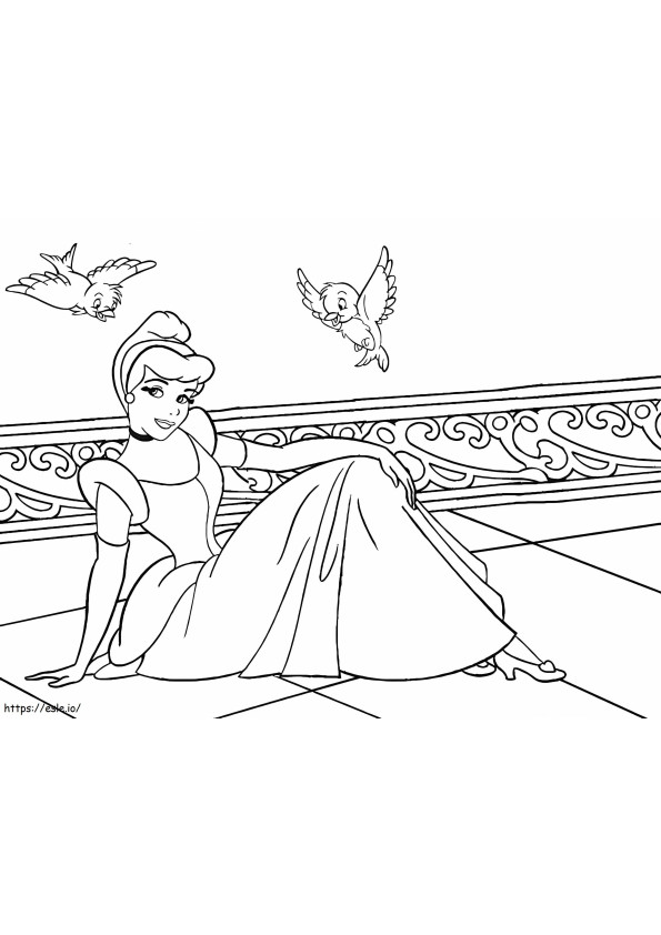 Coloriage Cendrillon assise et deux oiseaux à imprimer dessin