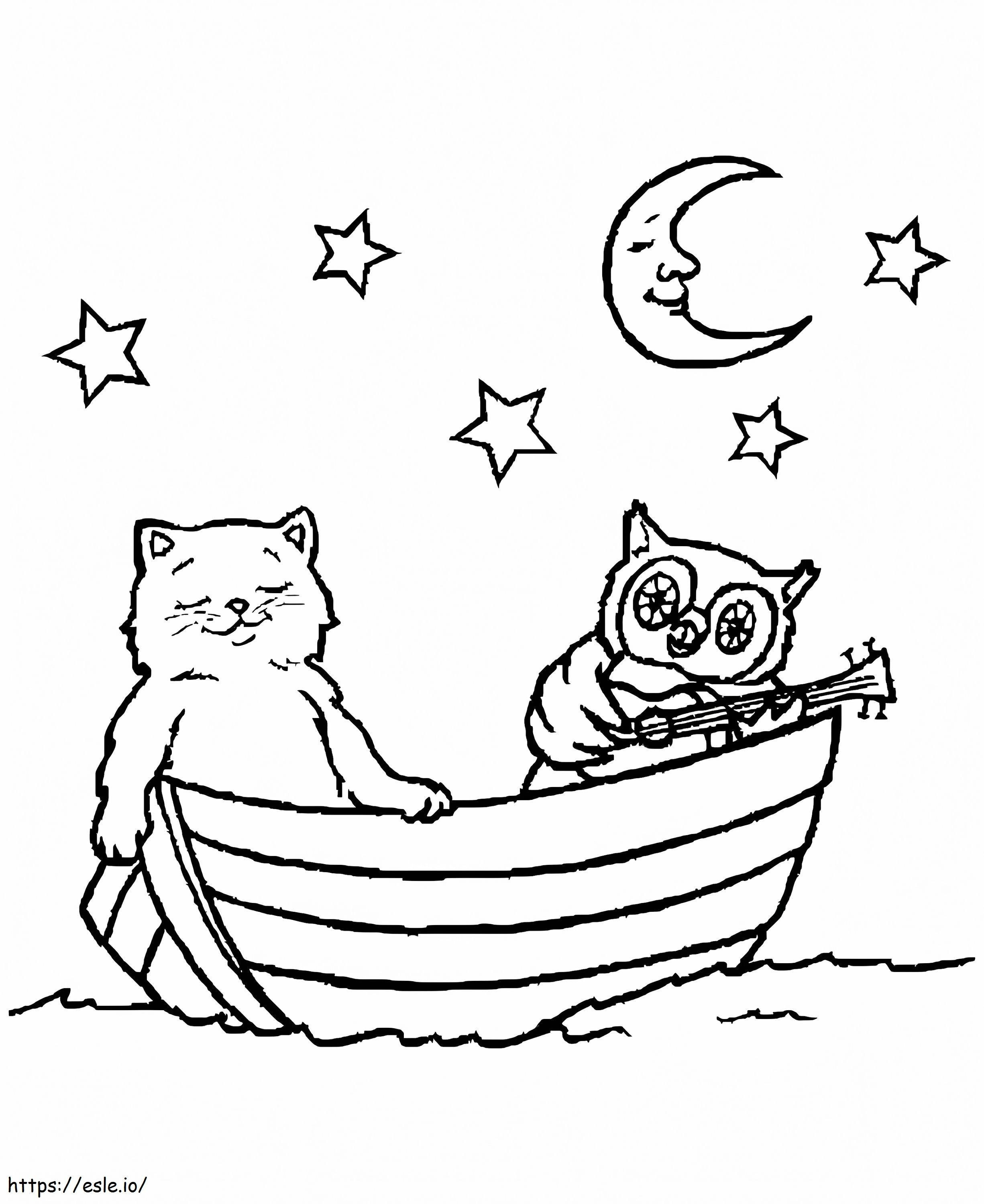 Gato e coruja no barco para colorir