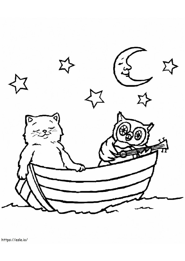 ボートに乗った猫とフクロウ ぬりえ - 塗り絵