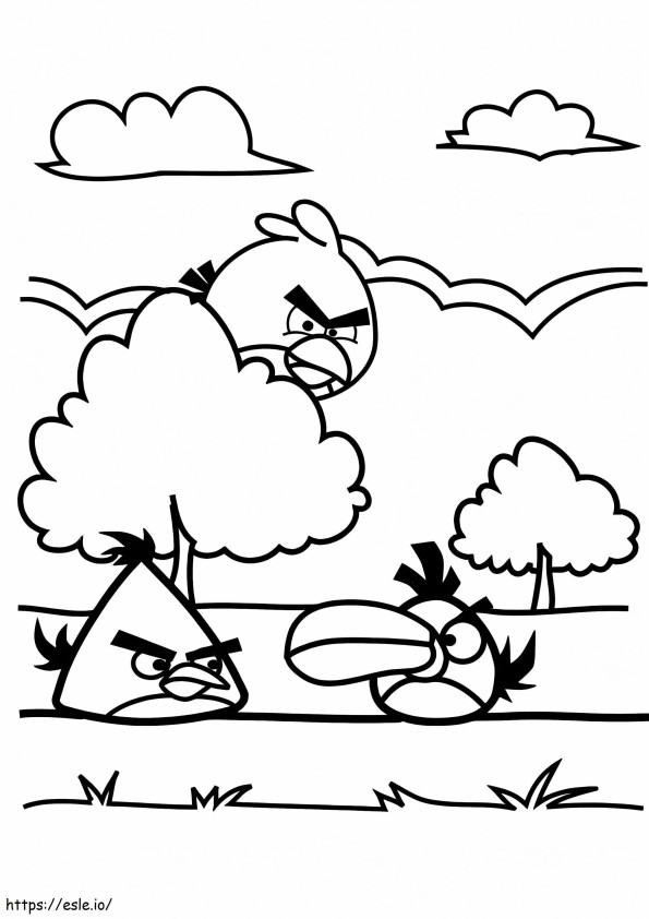 木の近くで遊ぶ怒っている鳥 ぬりえ - 塗り絵