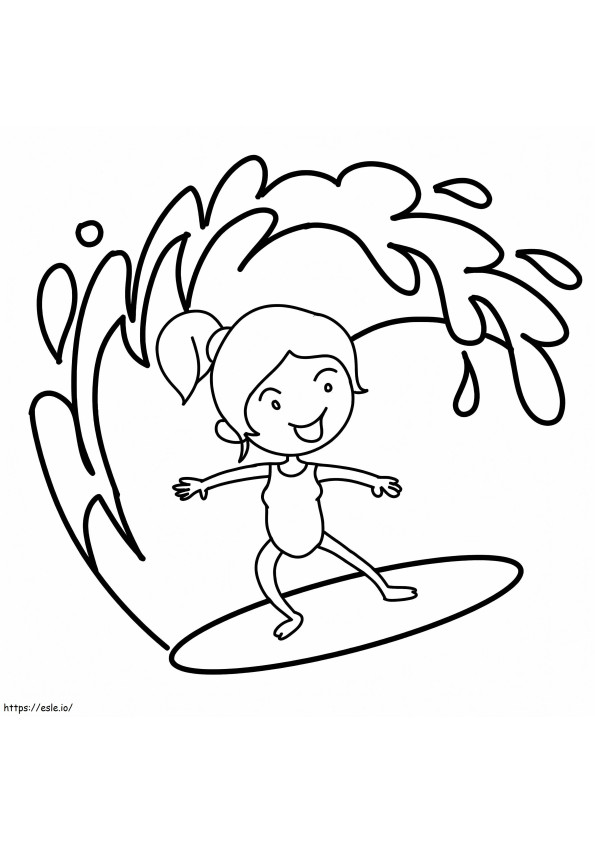 Pieni tyttö surffaamassa värityskuva