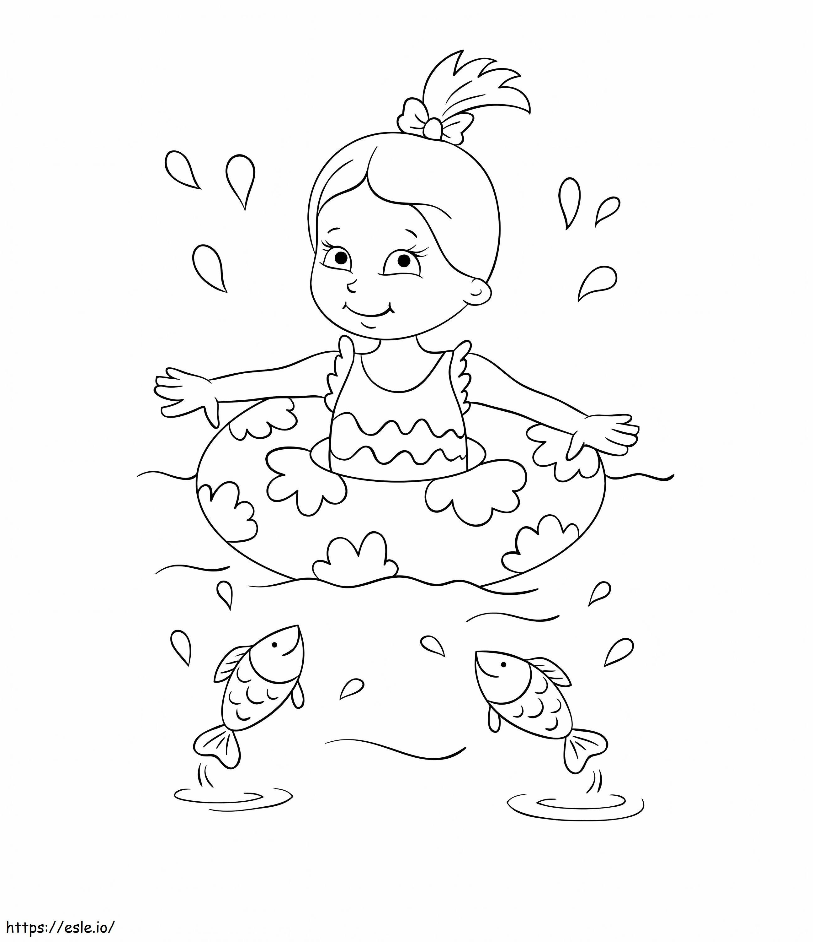Tyttö uimassa ja kaksi kalaa värityskuva