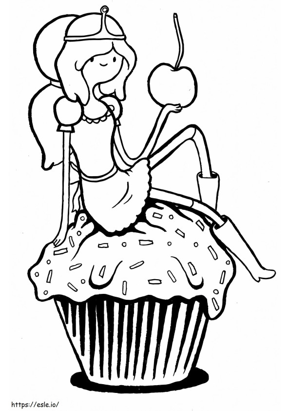 Prinses Bubblegum houdt de appel vast en gaat op de cupcake zitten kleurplaat