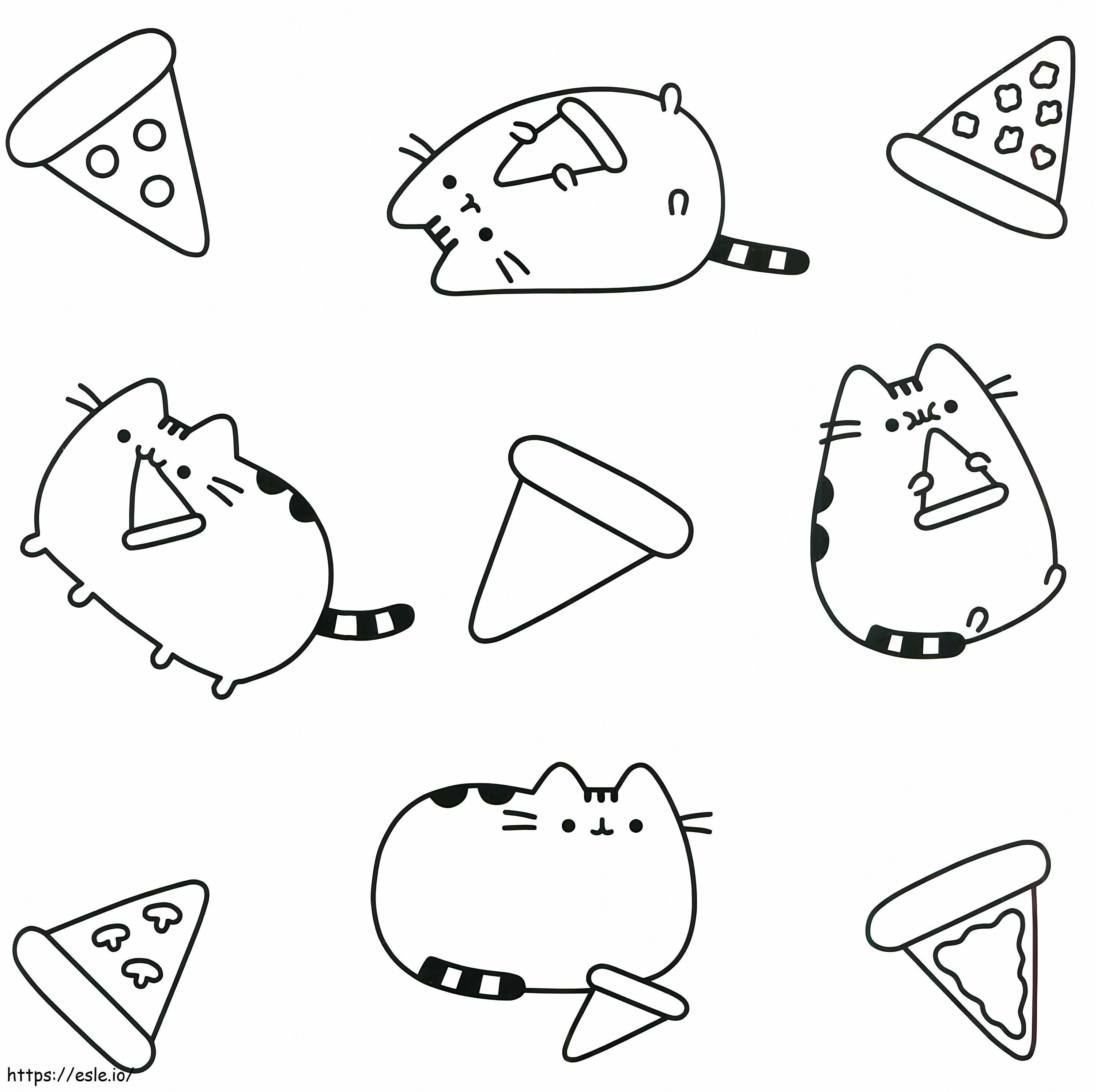Gato e pizza para colorir
