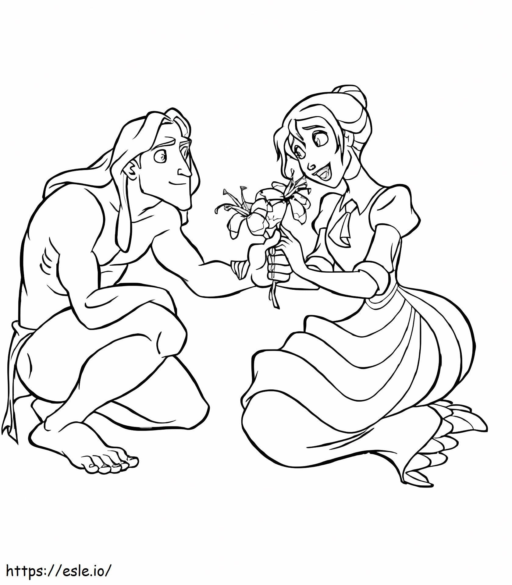 Tarzan e Jane segurando uma flor para colorir