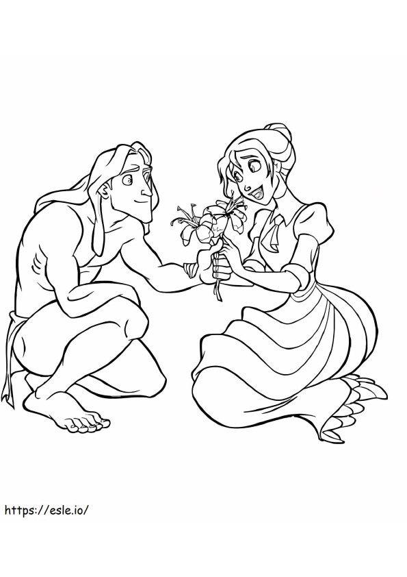 Tarzan en Jane houden een bloem vast kleurplaat