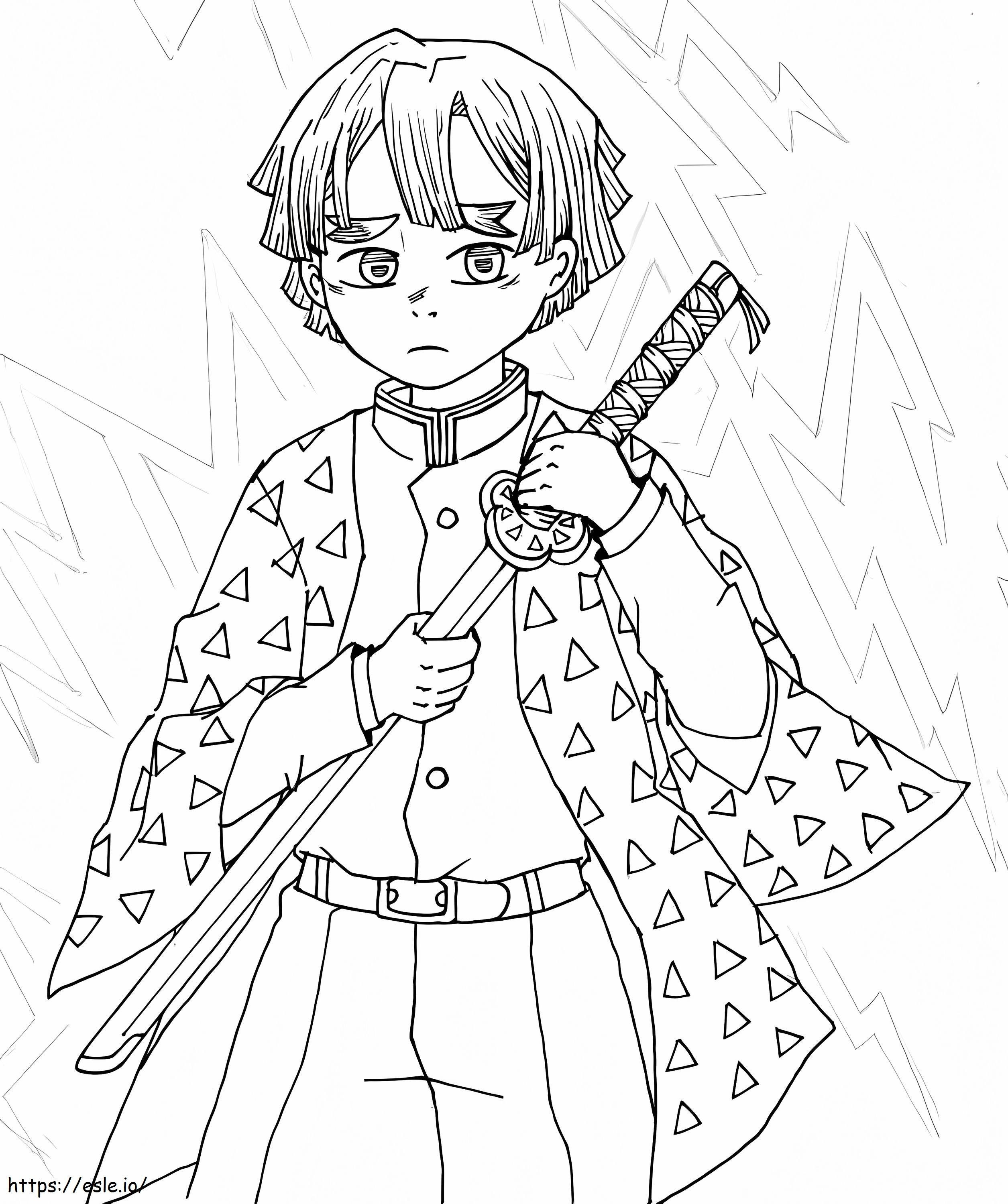 Zenitsu sosteniendo espada para colorear