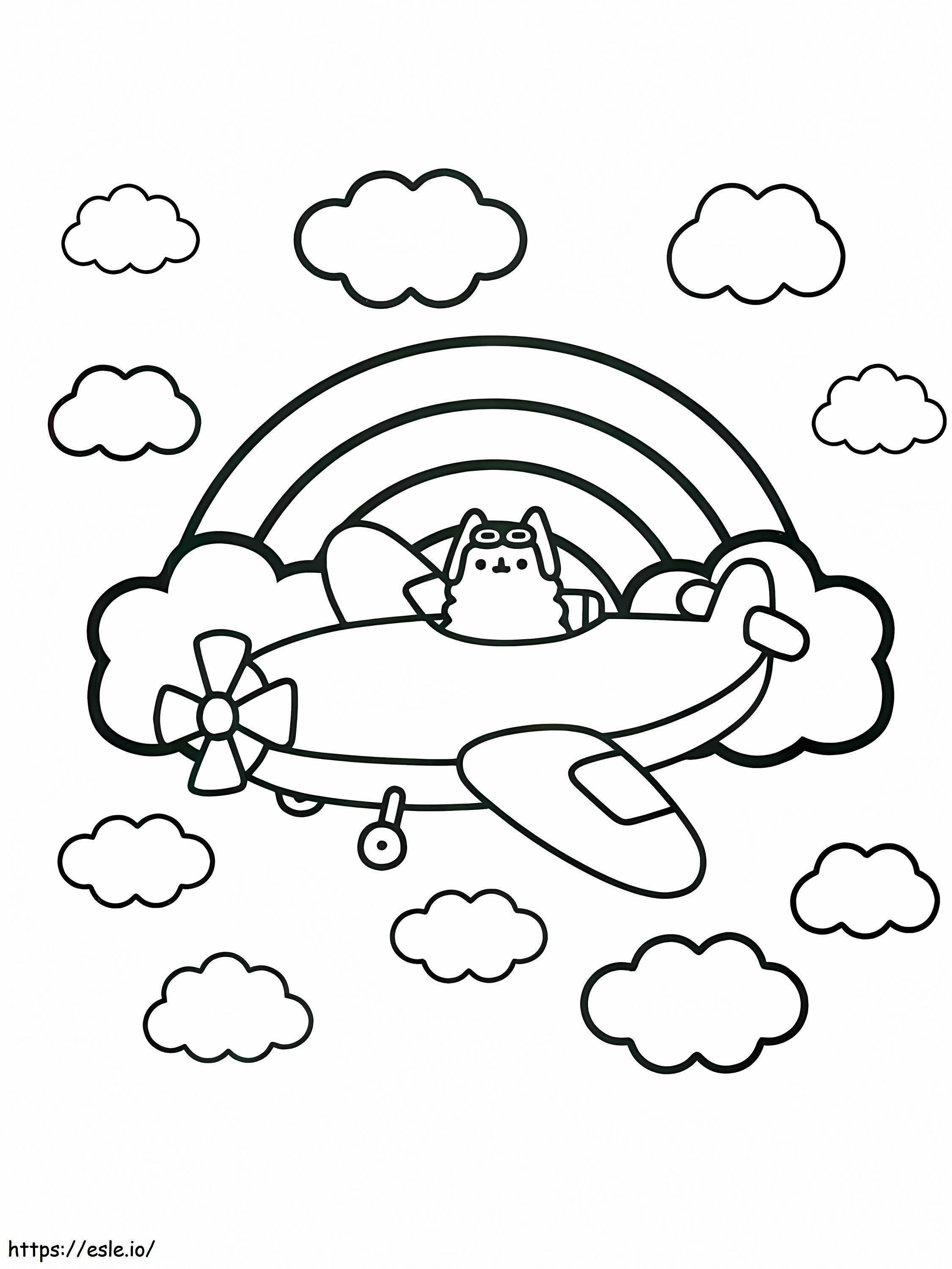 Pusheen voa o avião para colorir