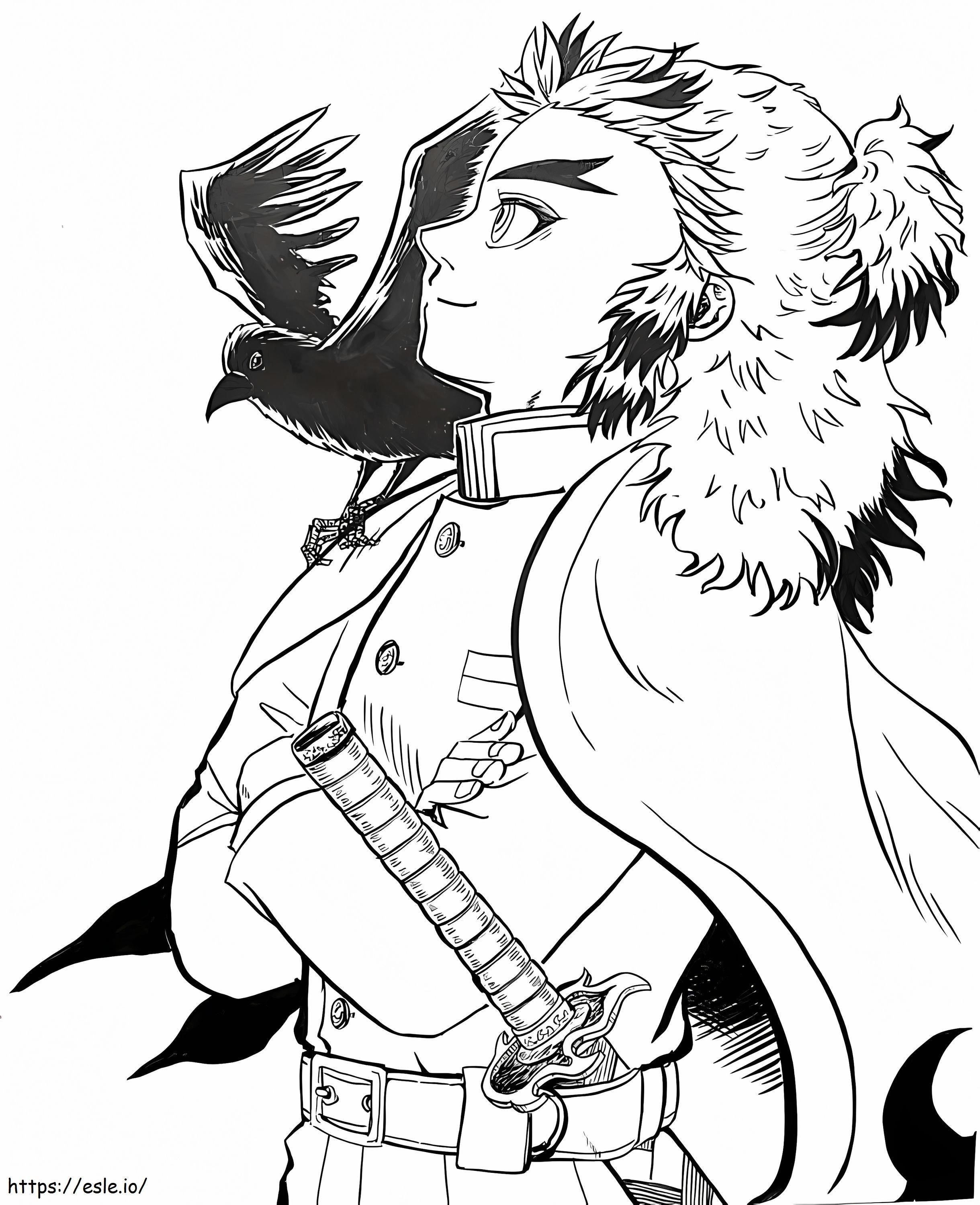 Kyojuro Rengoku con cuervo para colorear