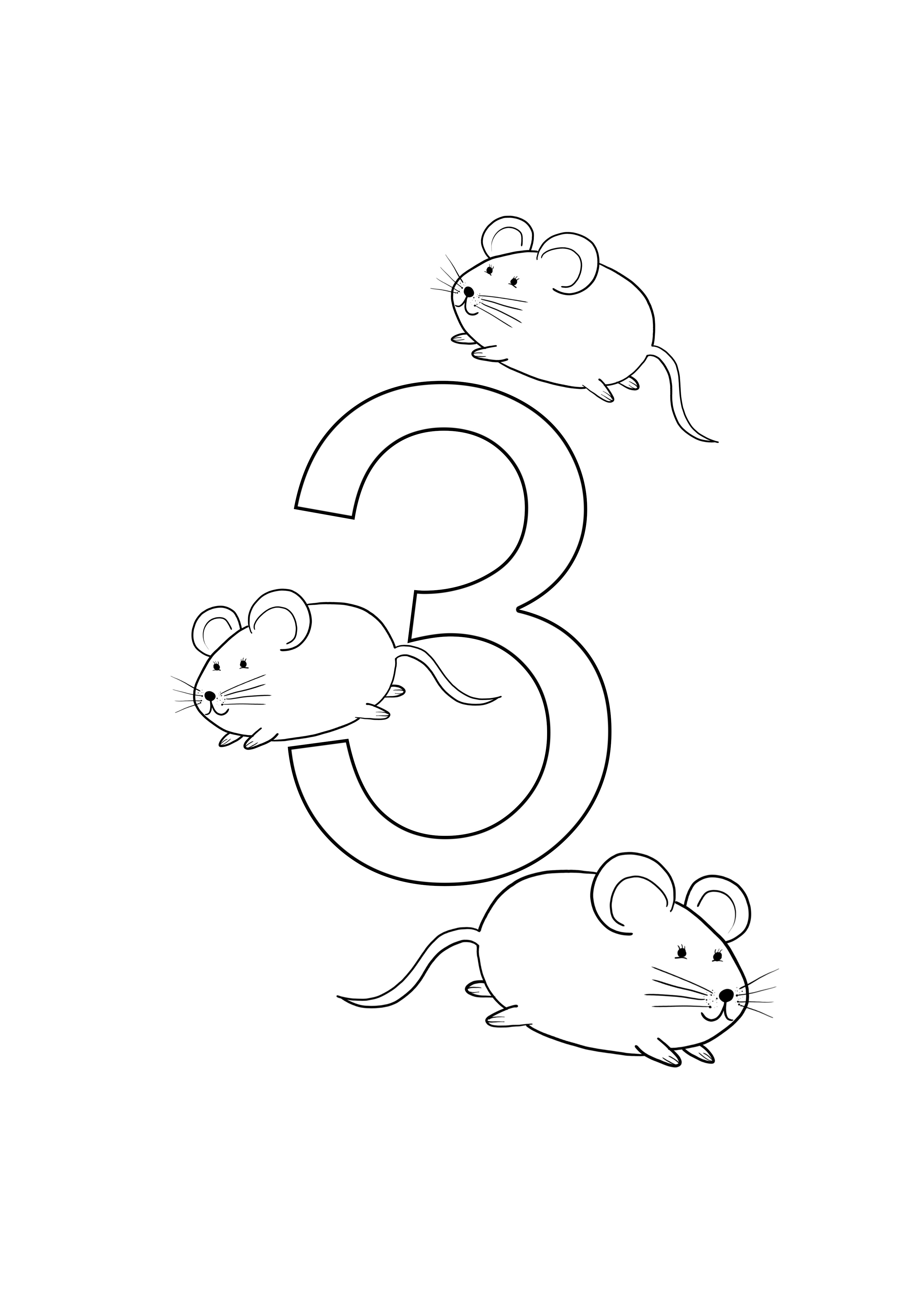 drie muizen kleurnummer en print gratis kleurplaat