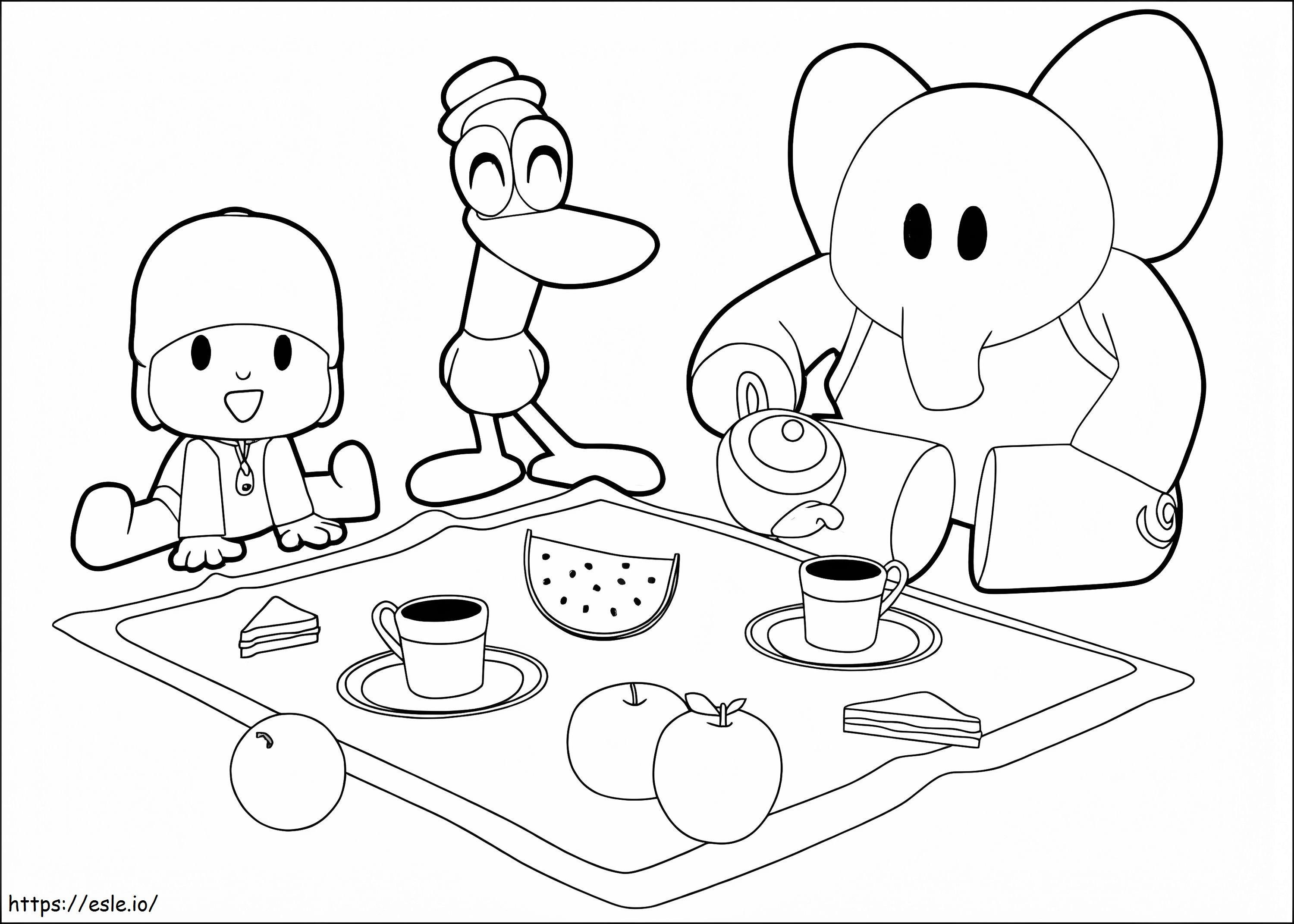 Coloriage Pocoyo et ses amis avec pique-nique à imprimer dessin
