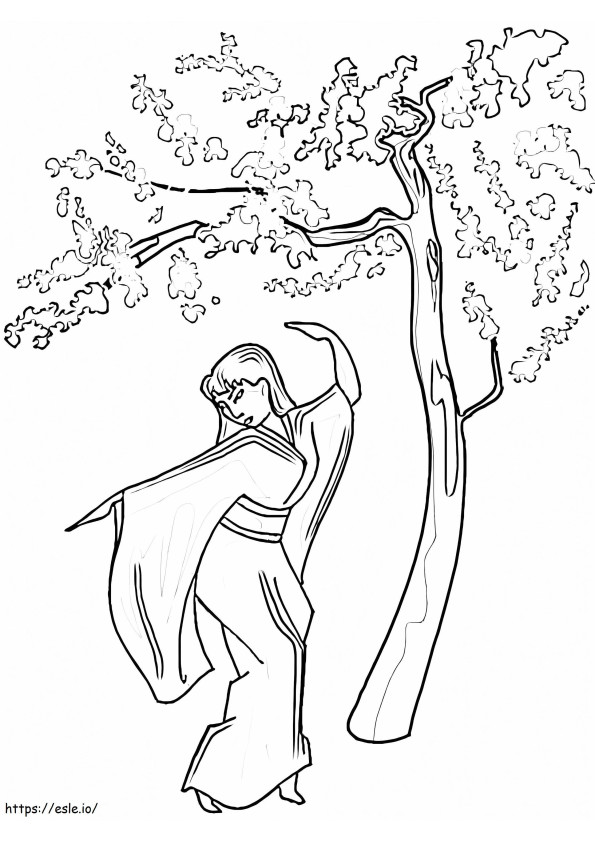 Dancing Under Sakura Wood coloring page