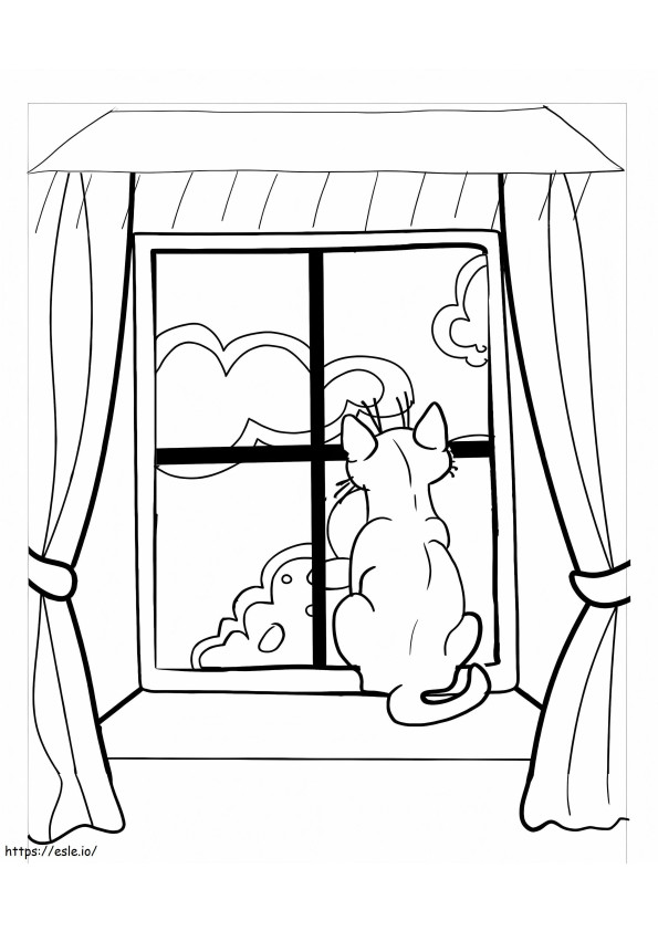Kissa istuu ikkunalla värityskuva