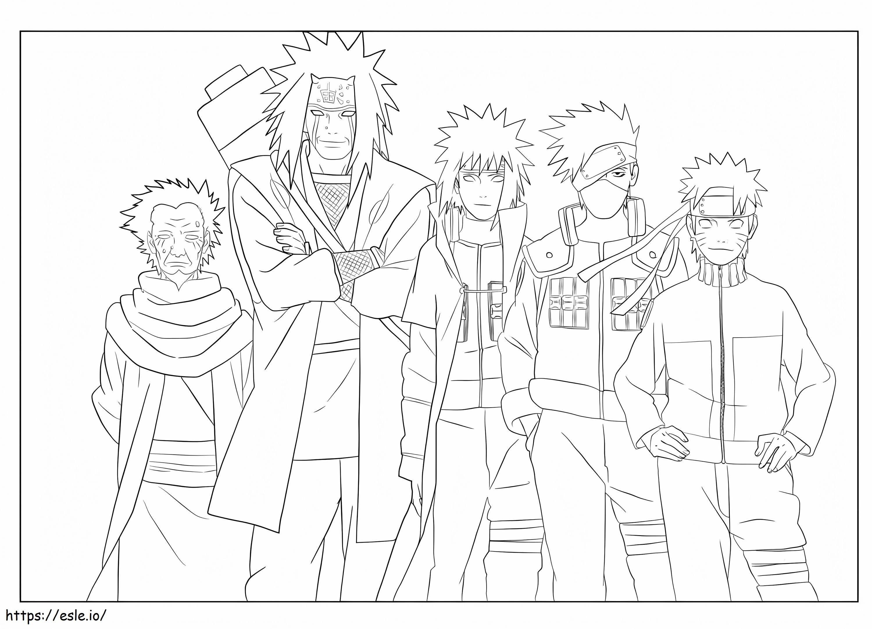 Kakashi ja neljä Narutosta värityskuva