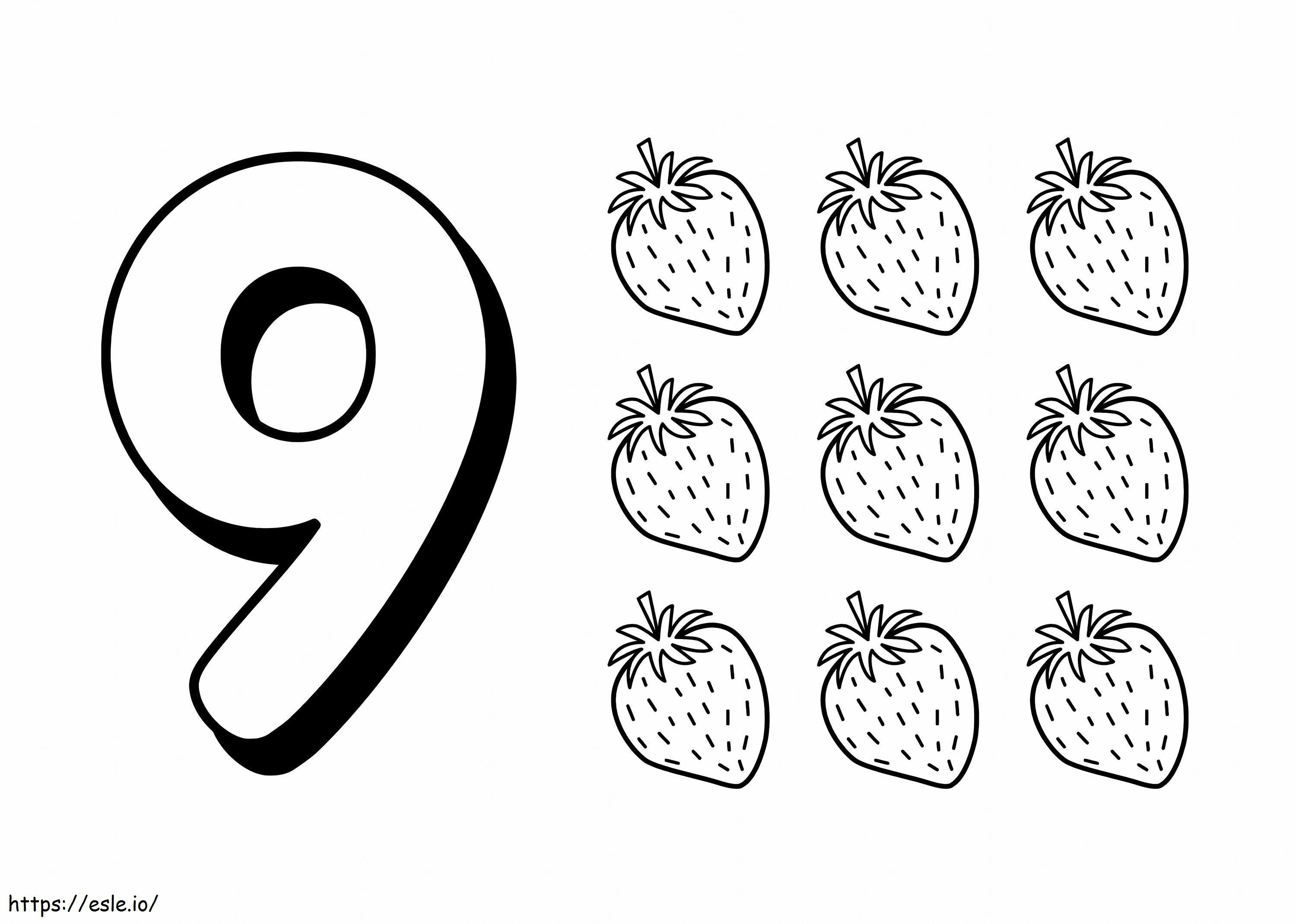 Coloriage Numéro neuf et neuf fraises à imprimer dessin
