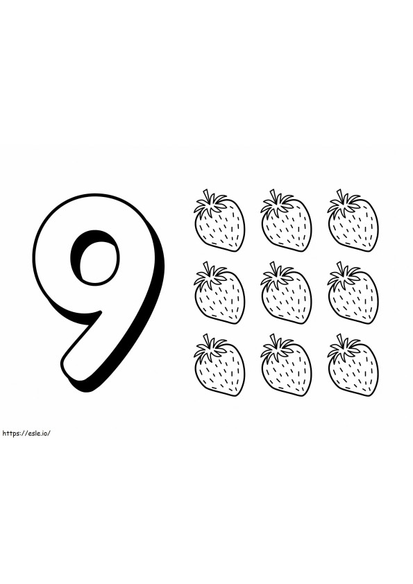 Número nueve y nueve fresas para colorear