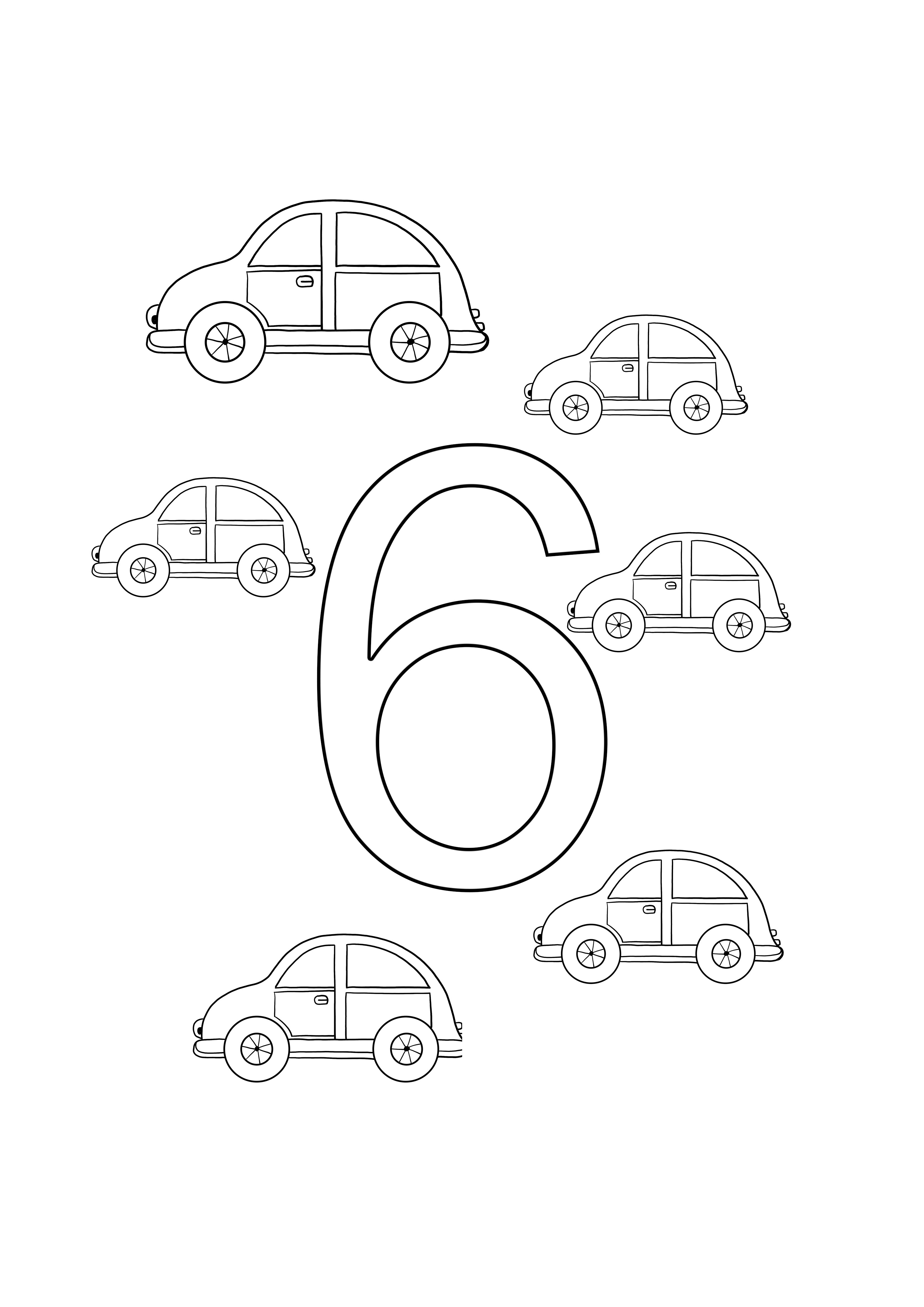 sześć numerów samochodów do kolorowania i bezpłatny arkusz do drukowania