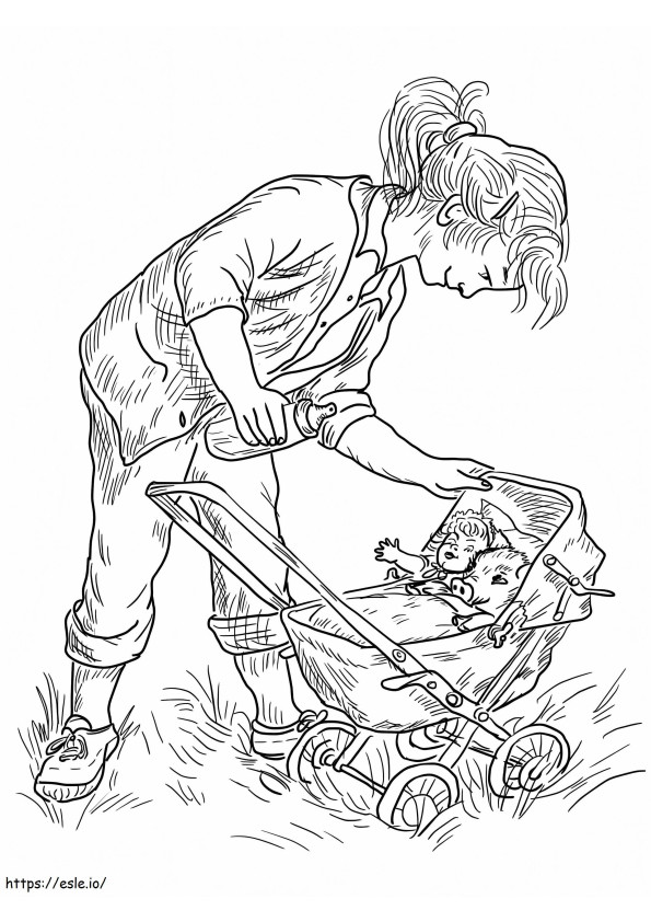 Coloriage Poussette bébé et fille à imprimer dessin