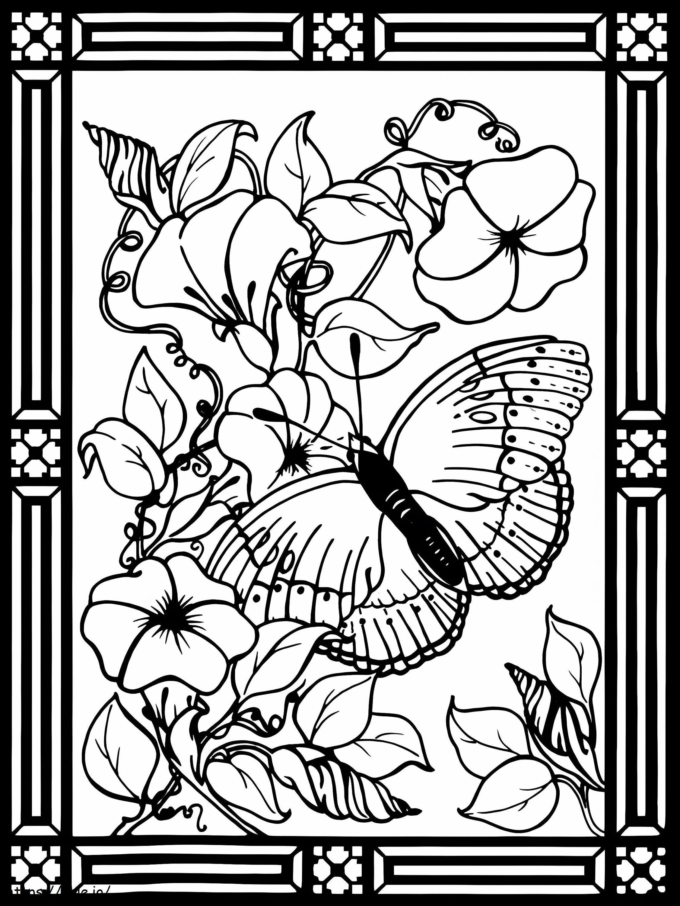 Coloriage Vitrail De Papillons Et De Fleurs à imprimer dessin