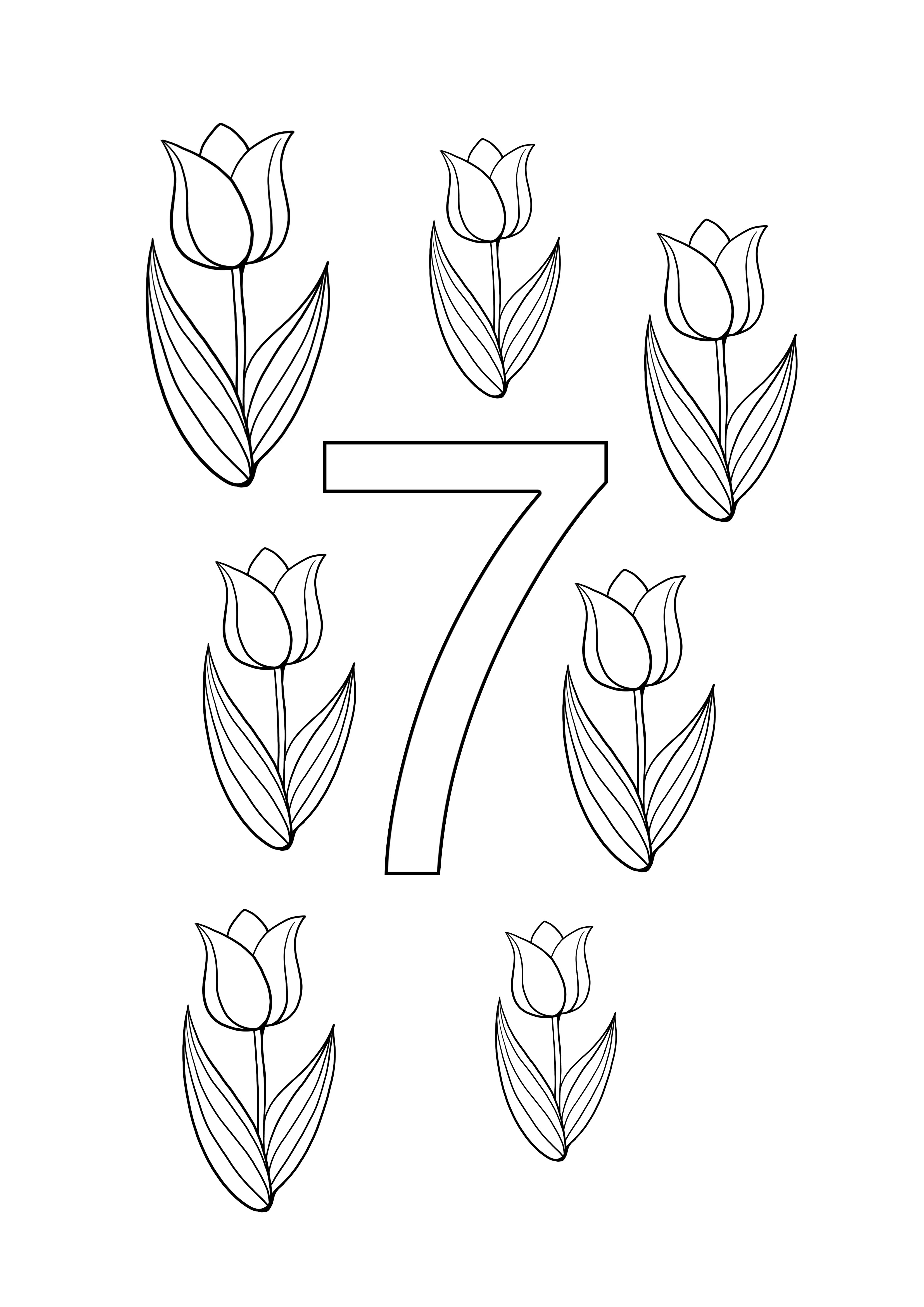 página para colorir número sete tulipas, grátis para imprimir e baixar