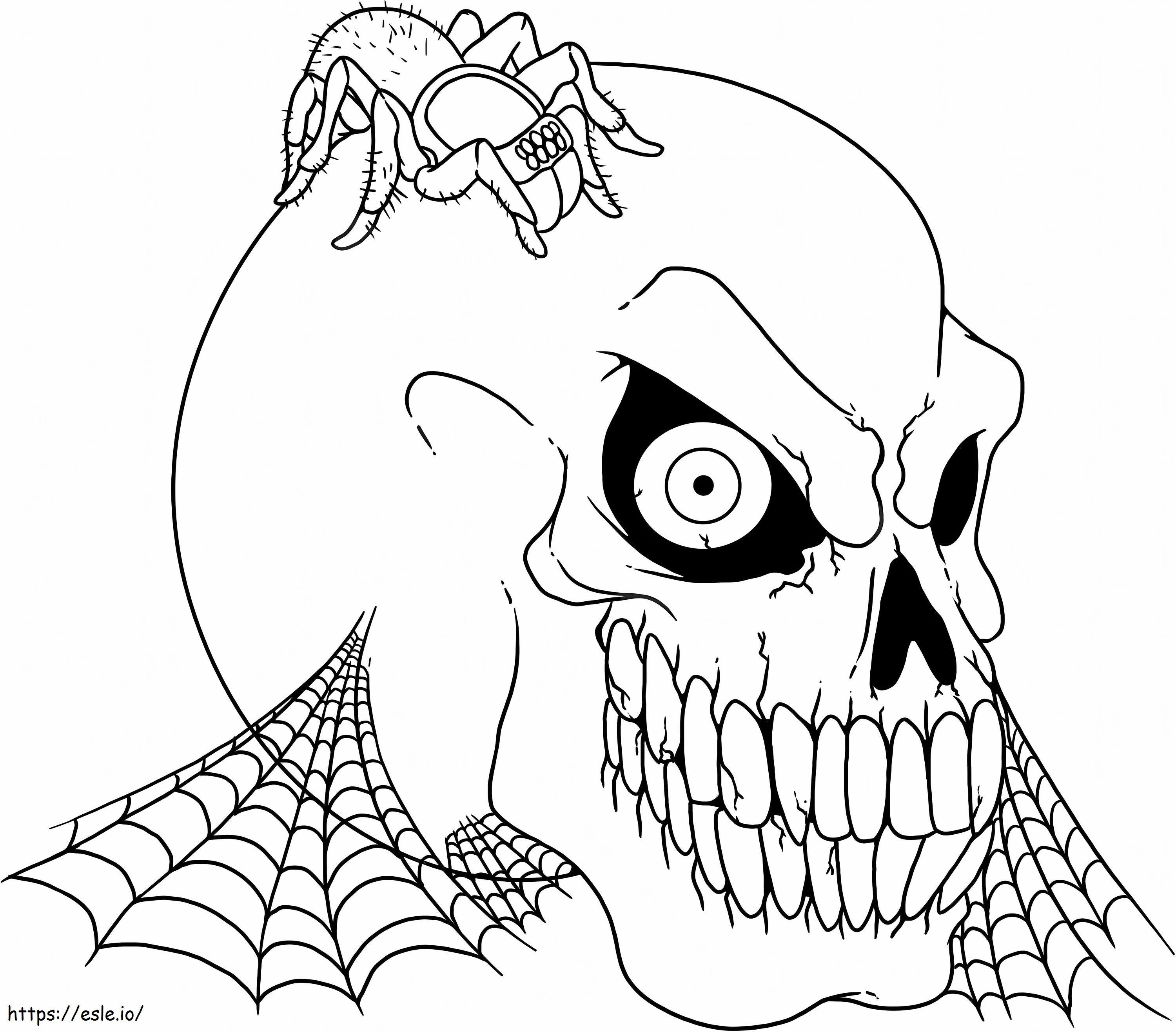 Crânio assustador com aranha para colorir
